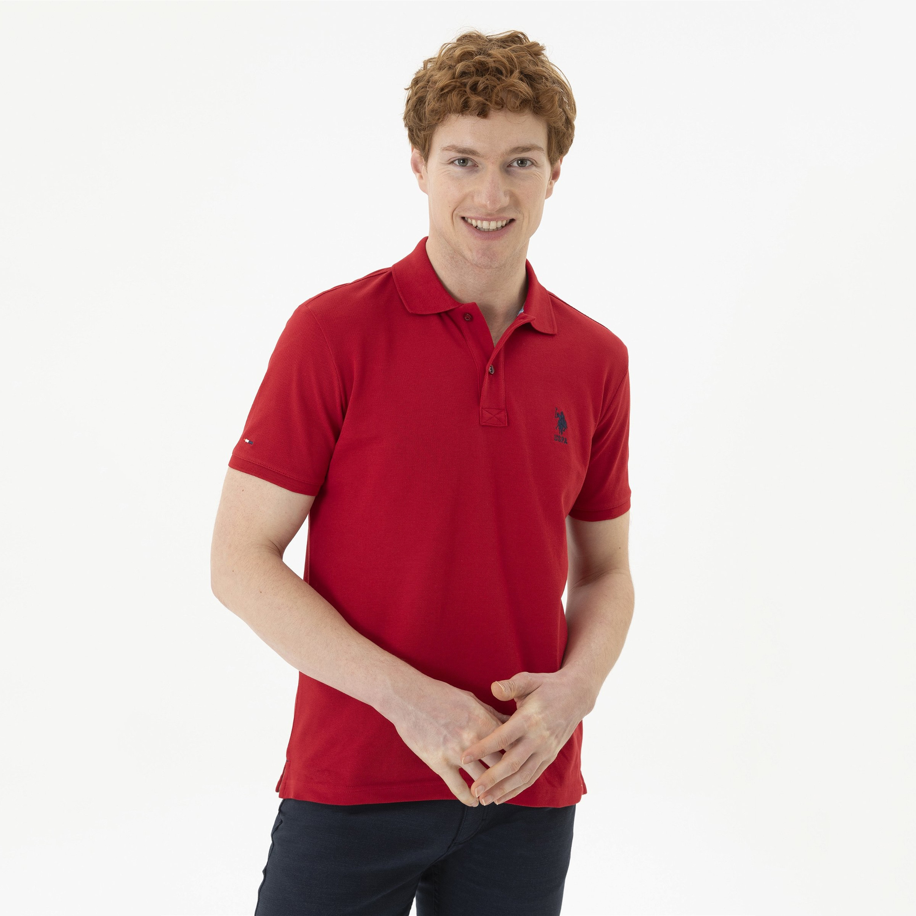 تي شيرت بولو رجالي، بقصة ضيقة وياقة سادة وأكمام قصيرة من يو إس بولو أسسن-men-clothing-tshirtsandpolos-polos-image-23
