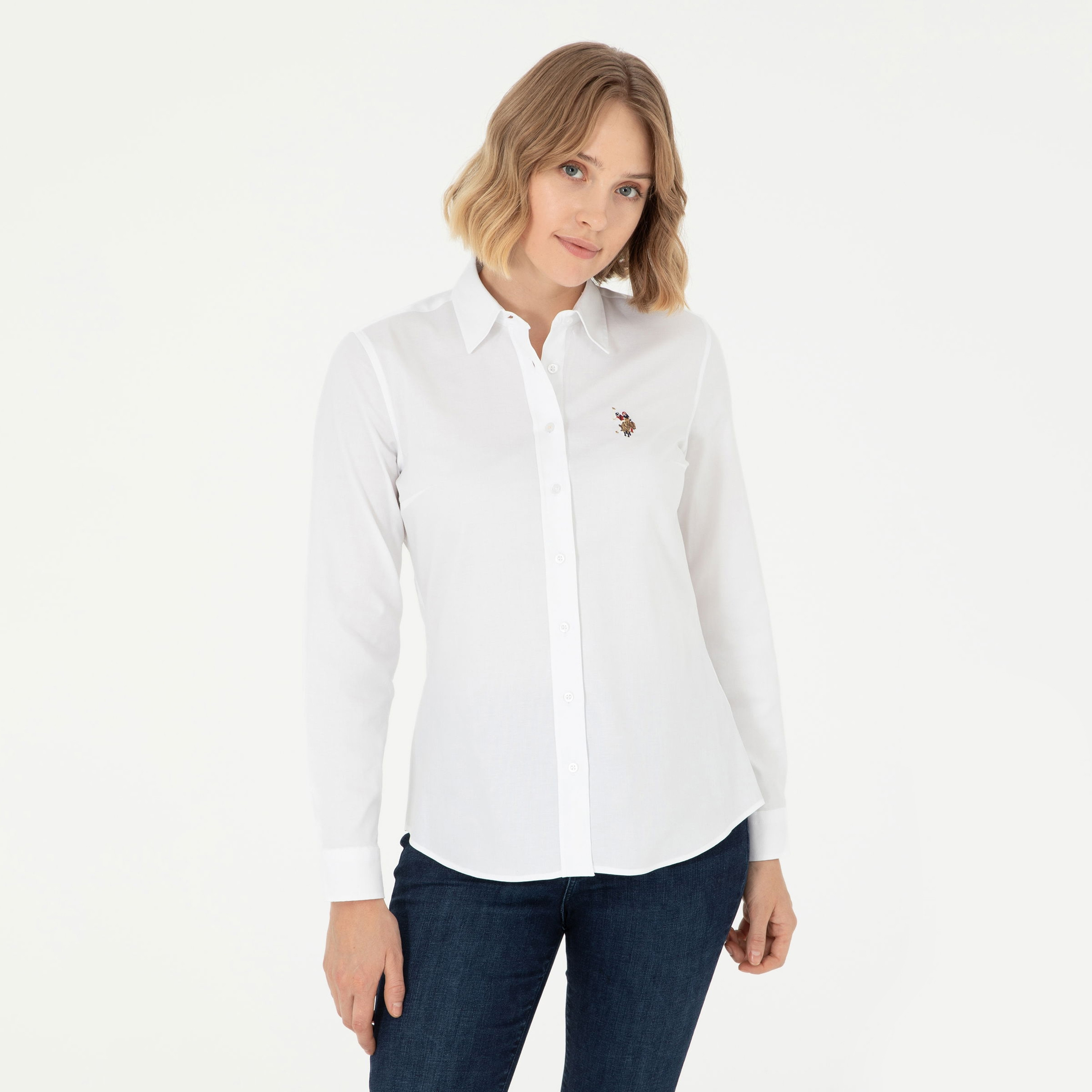 قميص بولو نسائي، بقصة ضيقة وياقة سادة وأكمام طويلة من يو إس بولو أسسن-women-clothing-shirtsandblouses-shirts-image-1