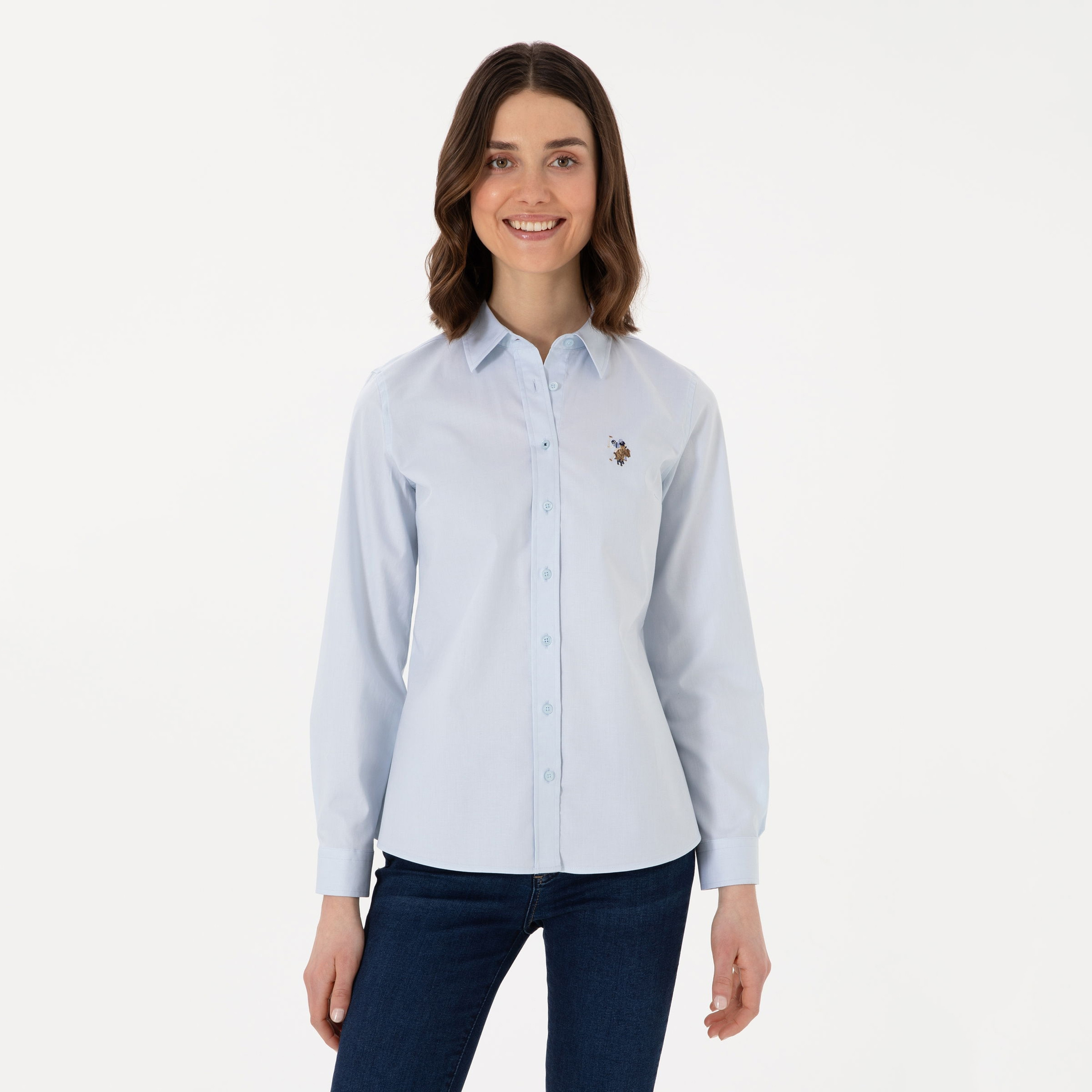 قميص بولو نسائي، بقصة ضيقة وياقة سادة وأكمام طويلة من يو إس بولو أسسن-women-clothing-shirtsandblouses-shirts-image-1