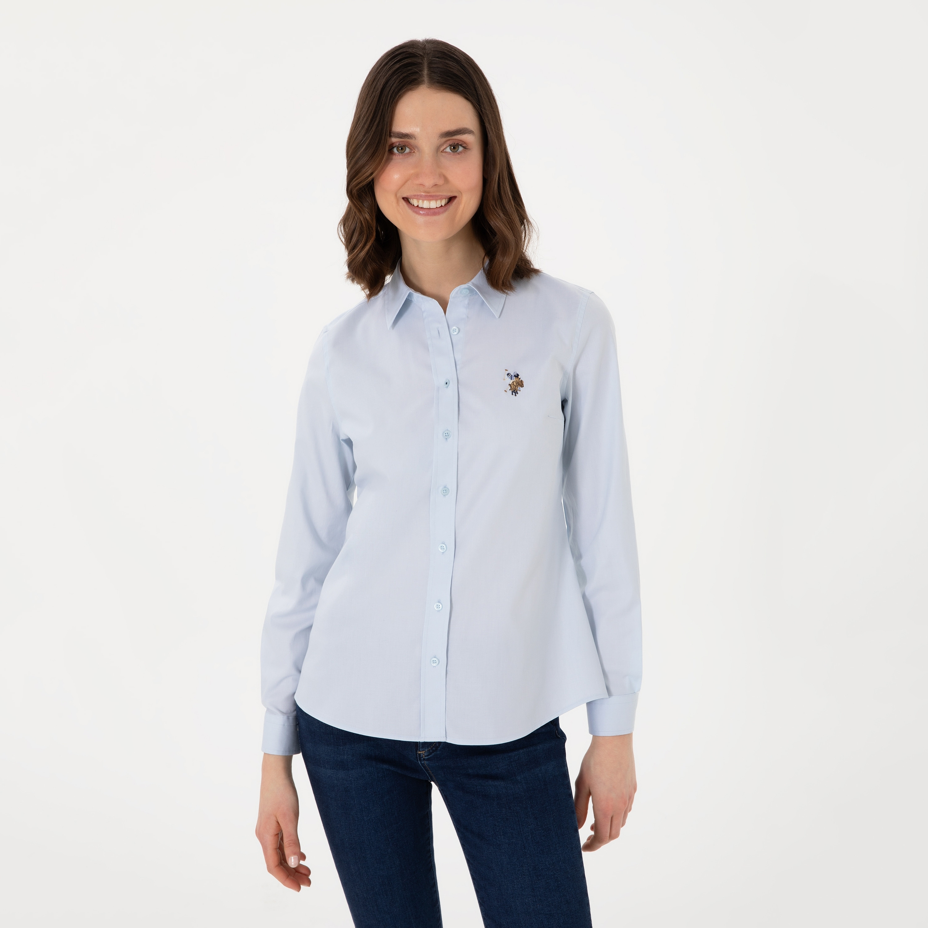 قميص بولو نسائي، بقصة ضيقة وياقة سادة وأكمام طويلة من يو إس بولو أسسن-women-clothing-shirtsandblouses-shirts-image-5