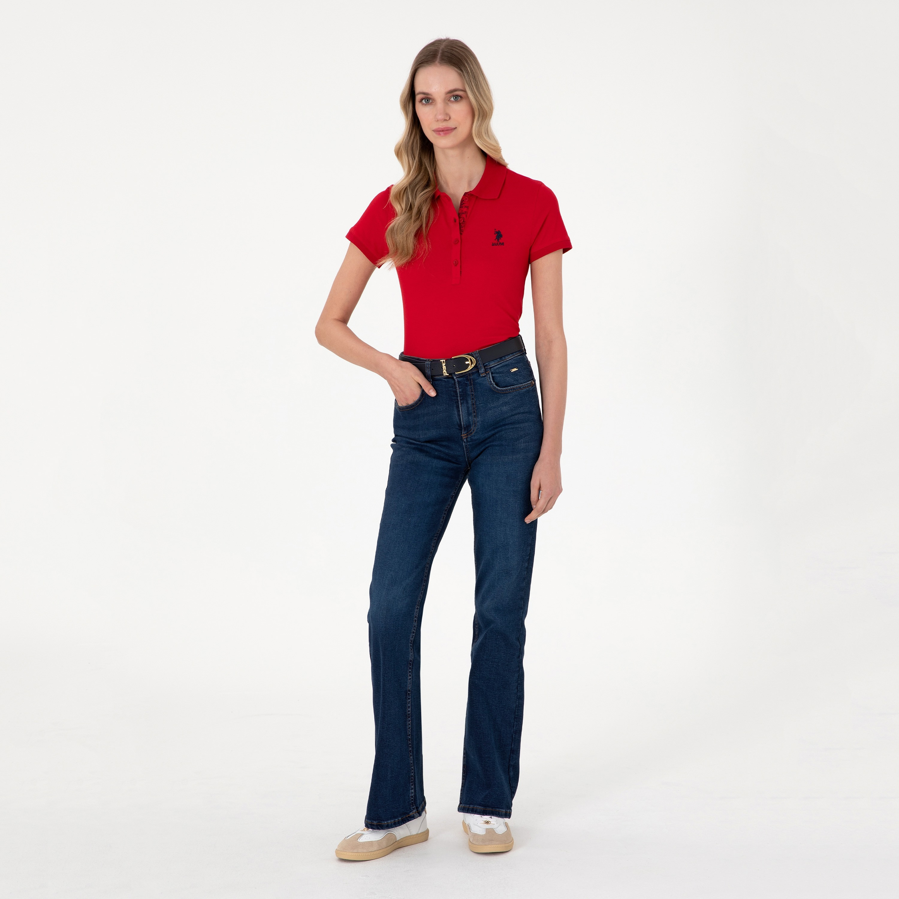 تي شيرت بولو نسائي، بقصة ضيقة وياقة سادة وأكمام قصيرة من يو إس بولو أسسن-women-clothing-tshirts-image-8