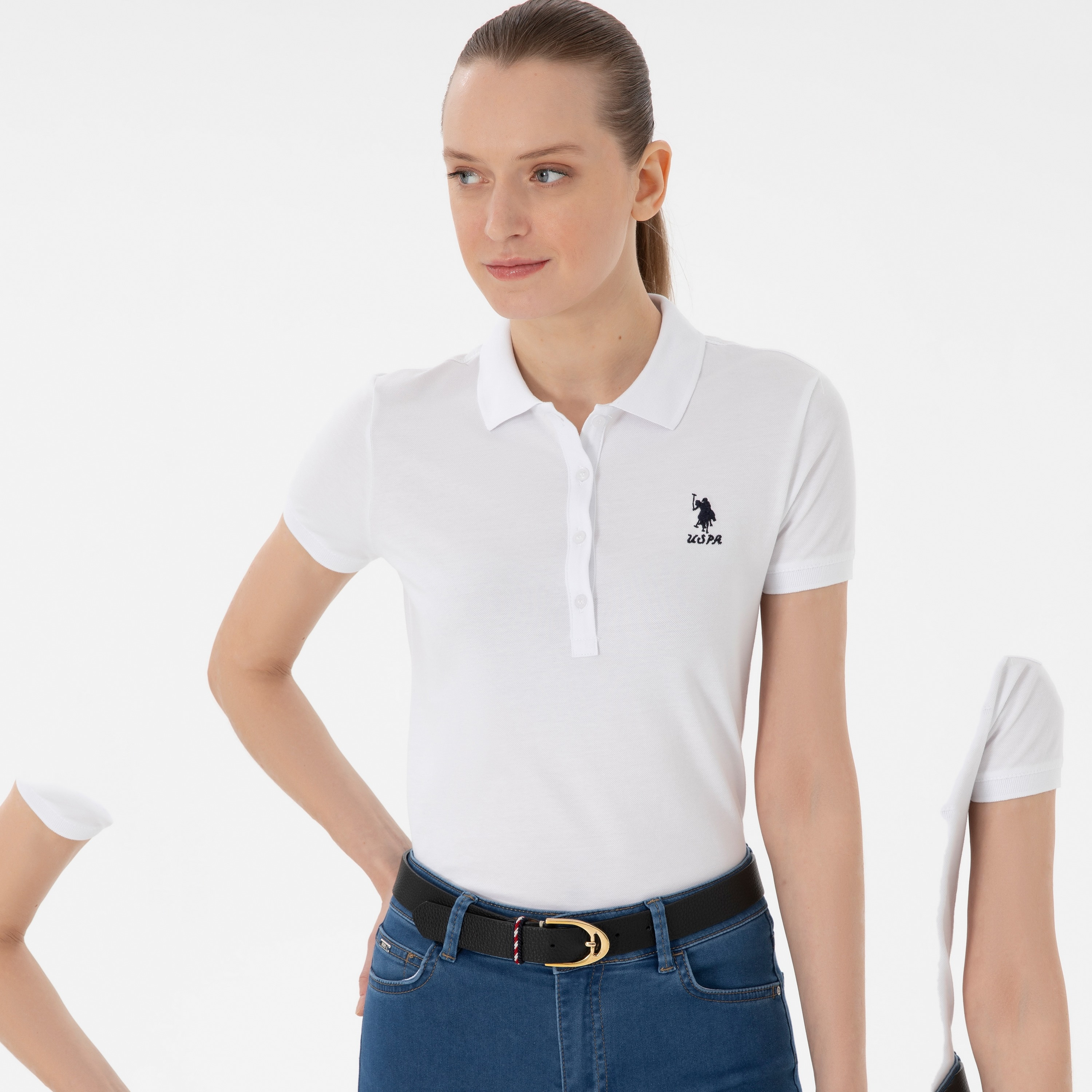 تي شيرت بولو نسائي، بقصة ضيقة وياقة سادة وأكمام قصيرة من يو إس بولو أسسن-women-clothing-tshirts-image-5