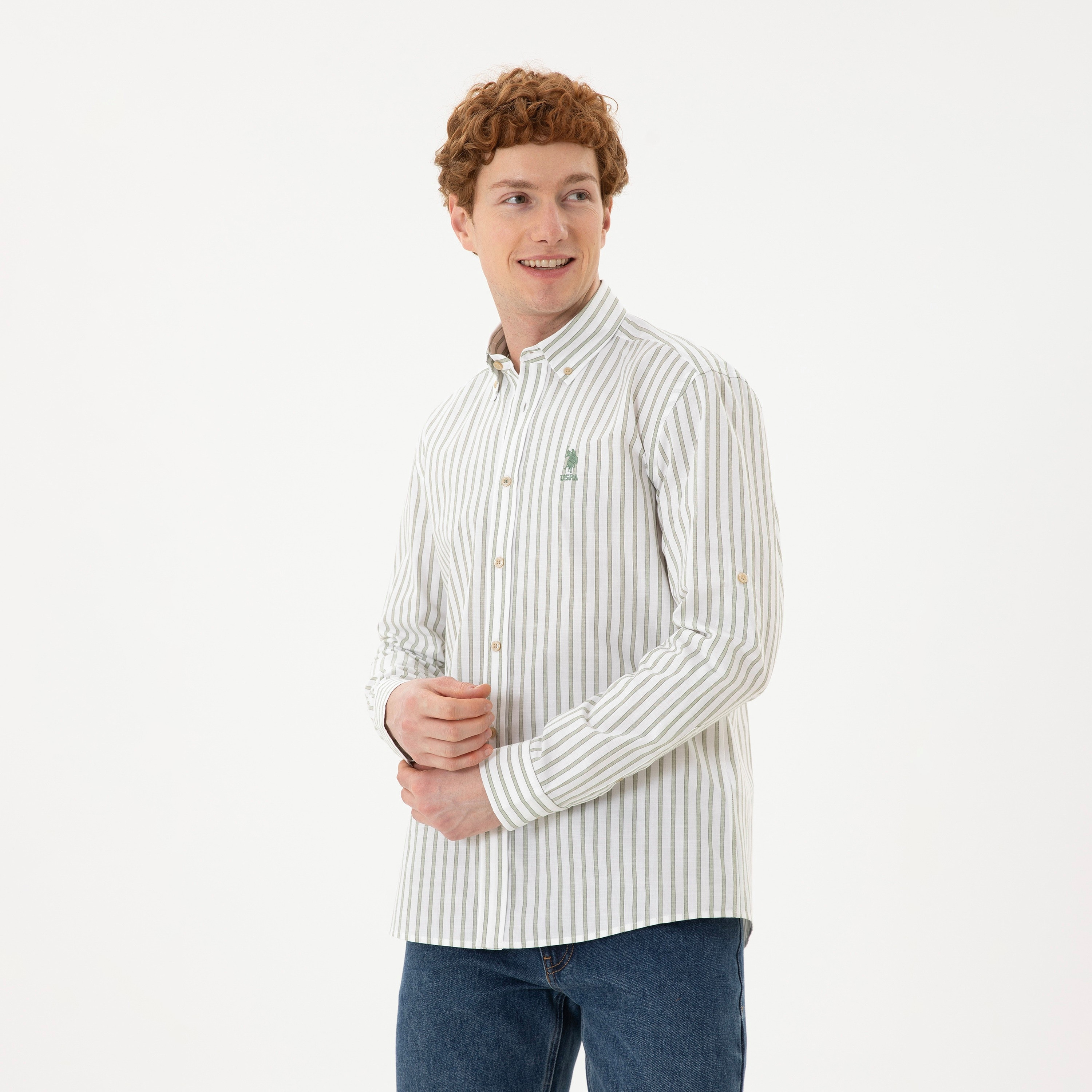 قميص كاجوال بأكمام قابلة للطي وياقة بأزرار من الأسفل مع مخطط من يو اس بولو اسن-men-clothing-shirts-image-1