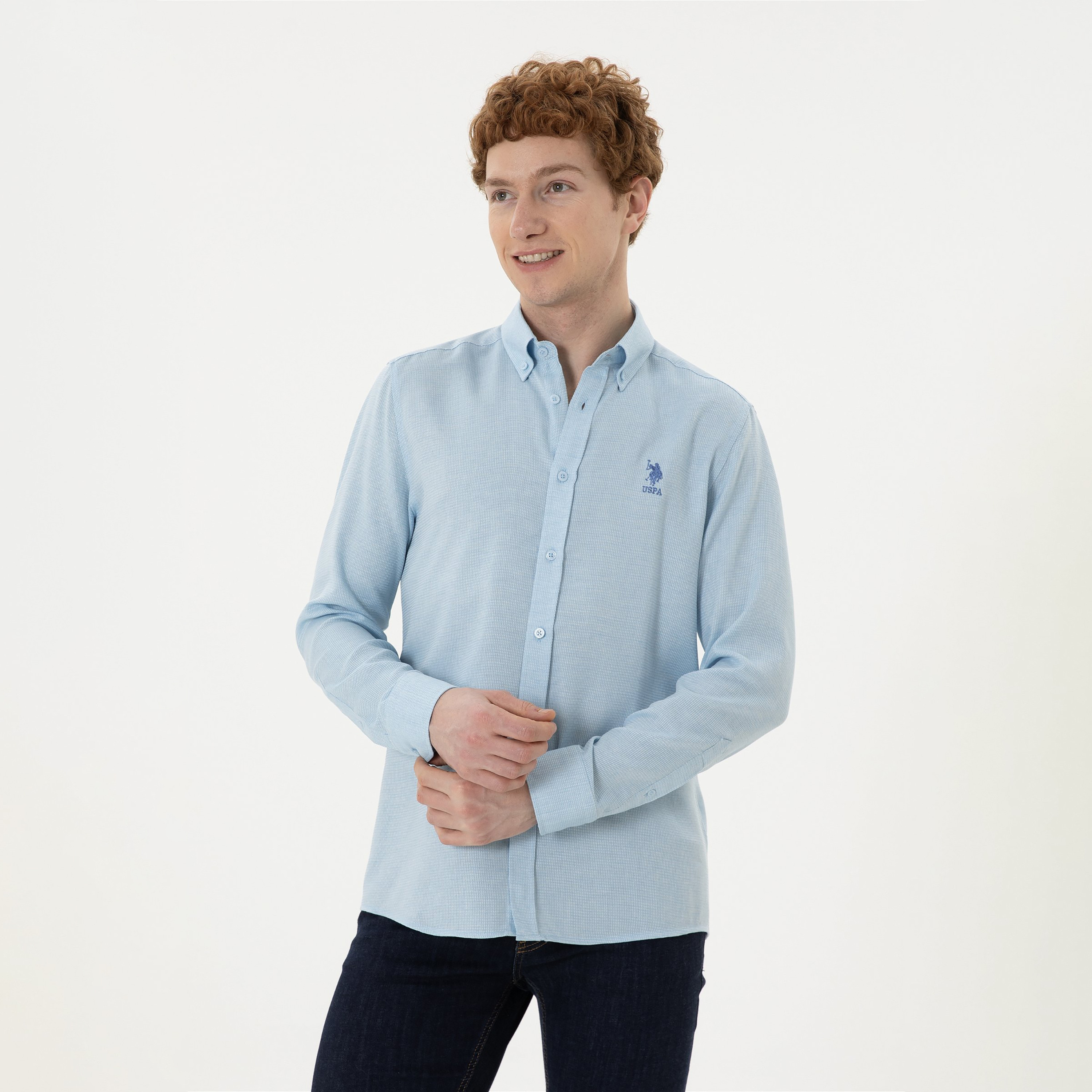 U.S.Polo'Assn Regular Fit Textured Button Down Collar Long Sleeves Shirt-men-clothing-shirts-image-1