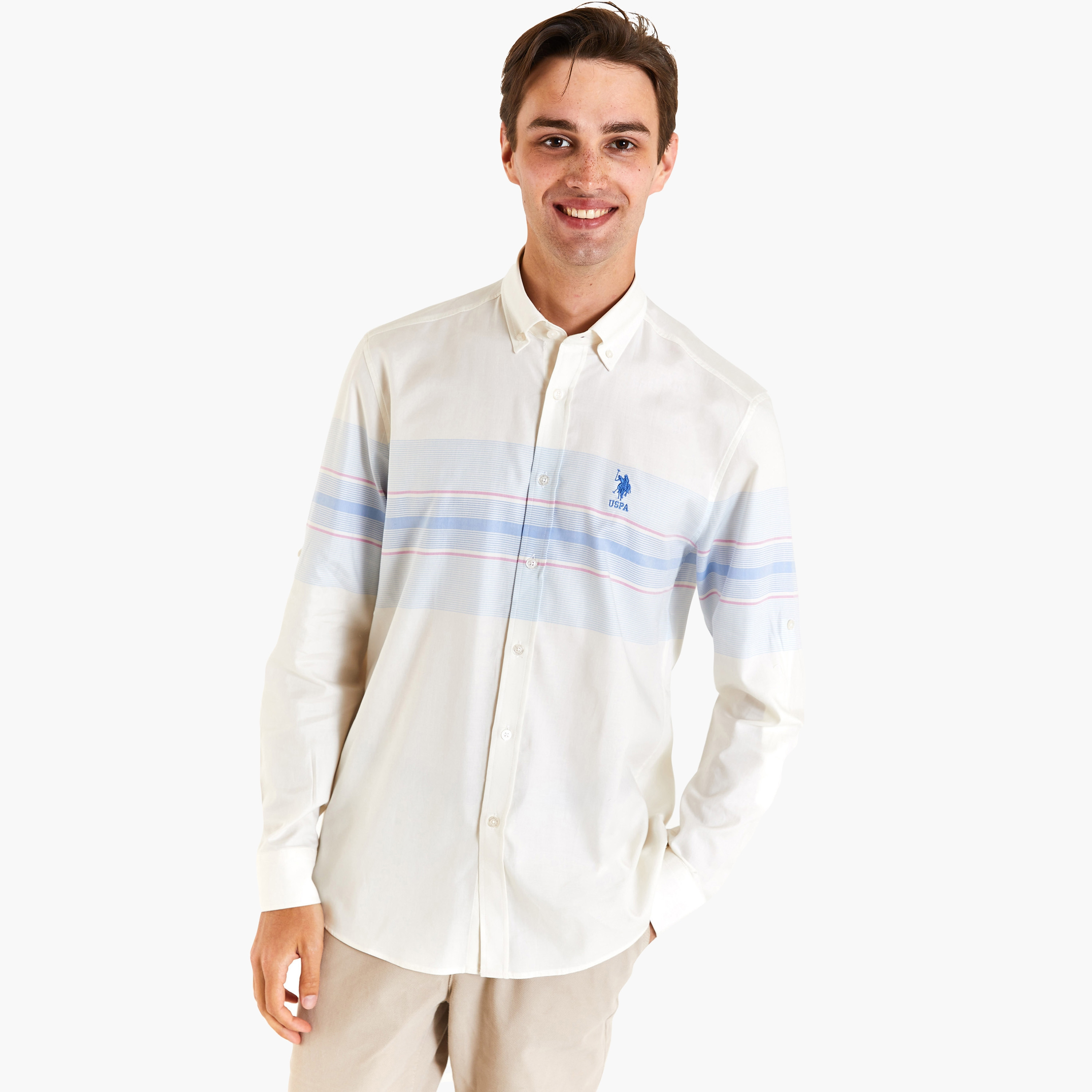 قميص كاجوال بأكمام طويلة وياقة بأزرار من الأسفل مع مخطط من يو اس بولو اسن-men-clothing-shirts-image-1