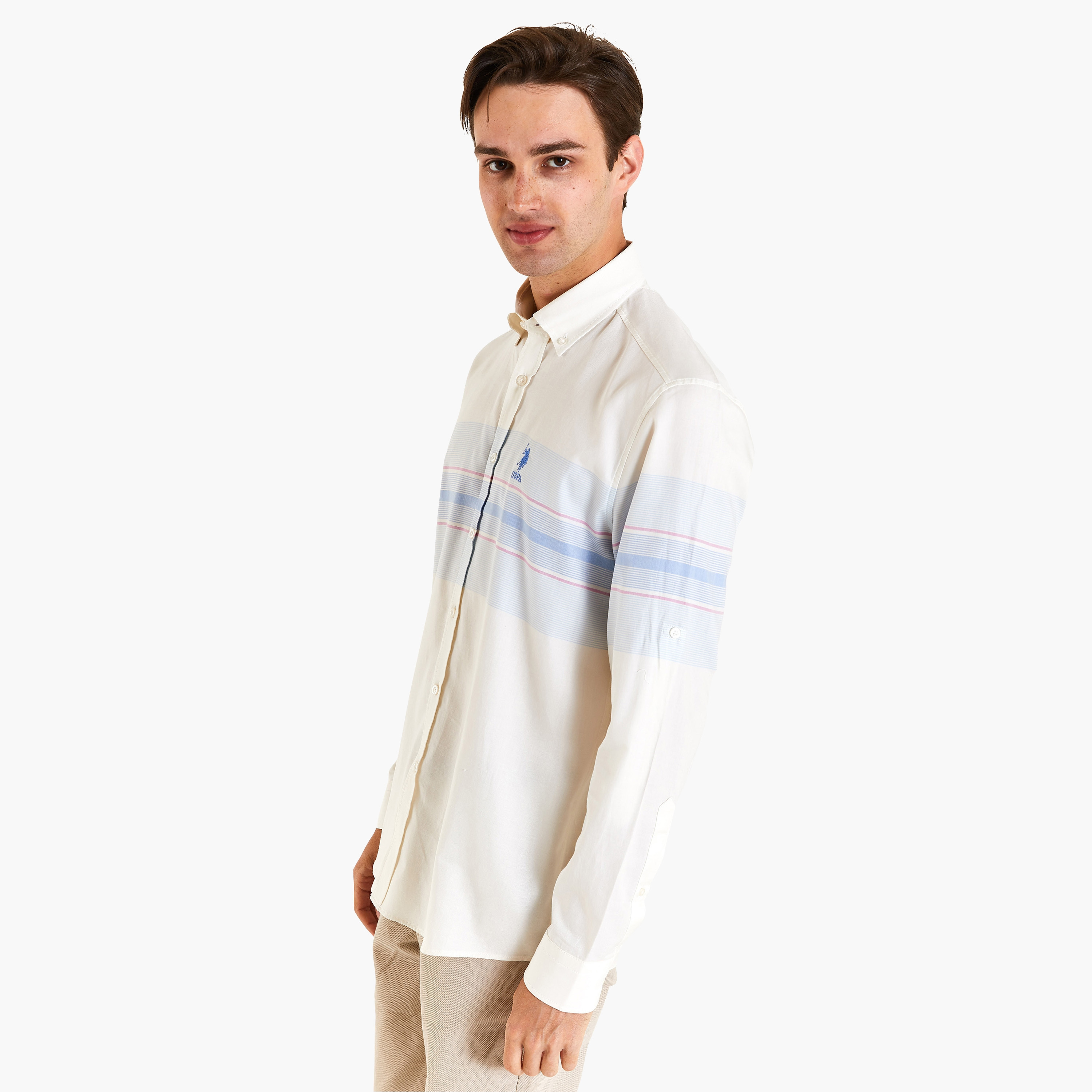 قميص كاجوال بأكمام طويلة وياقة بأزرار من الأسفل مع مخطط من يو اس بولو اسن-men-clothing-shirts-image-2