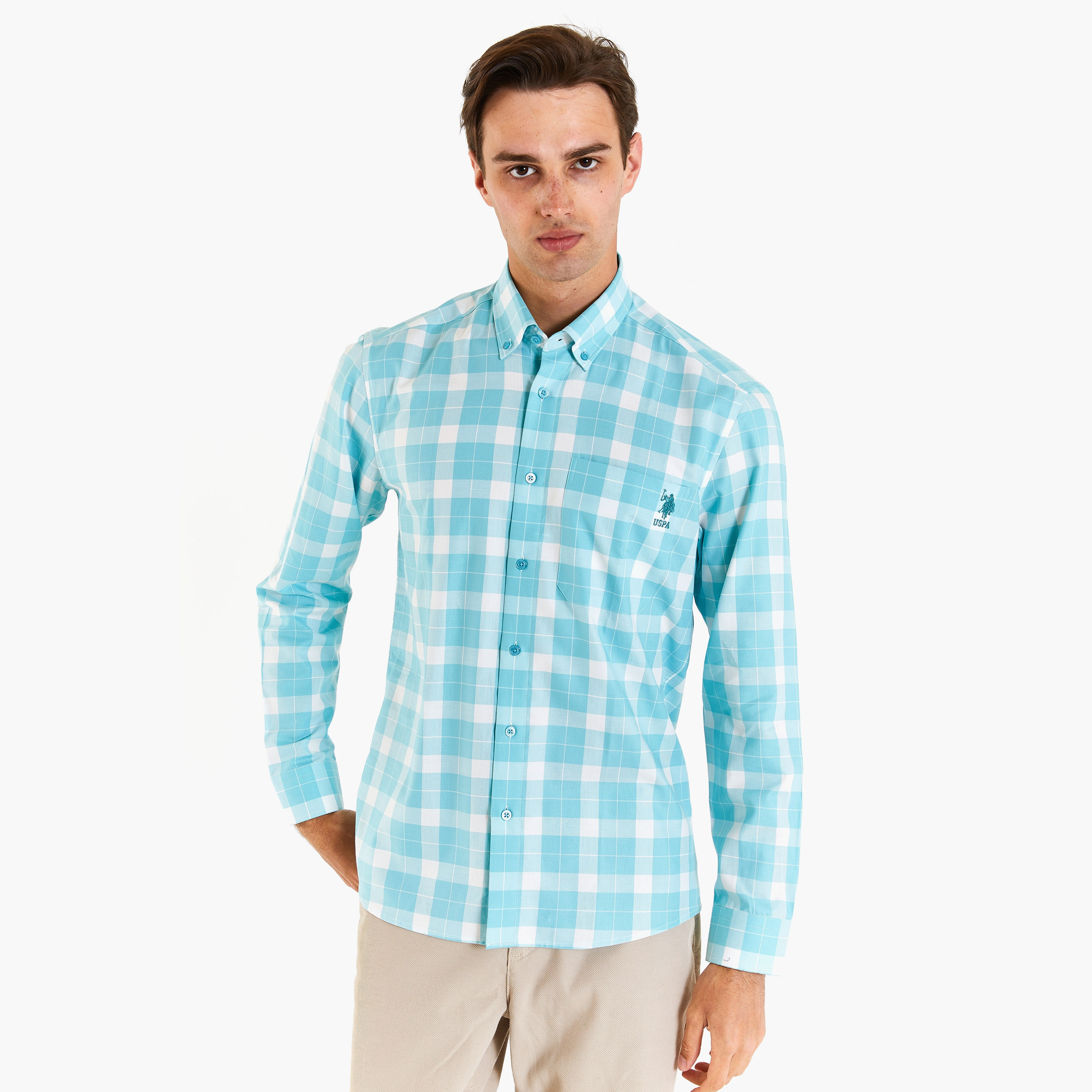 قميص U.S.Polo'Assn العادي بياقة بأكمام طويلة بأكمام مربعة بقميص عادي-men-clothing-shirts-image-1