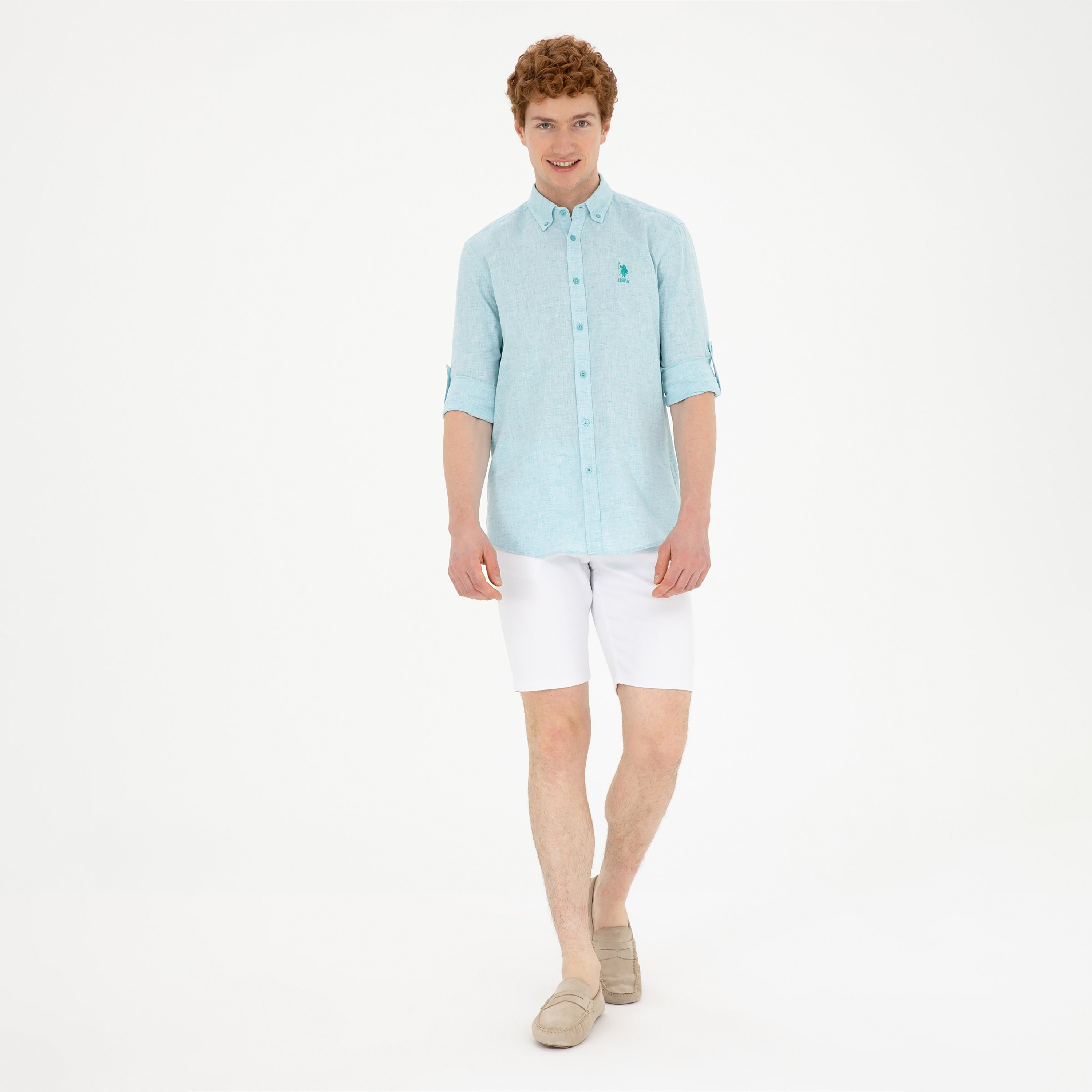 شورت جينز بسيط بزر متوسط الارتفاع وسحاب ذبابي من U.S.Polo'Assn-men-clothing-bottoms-shorts-image-2