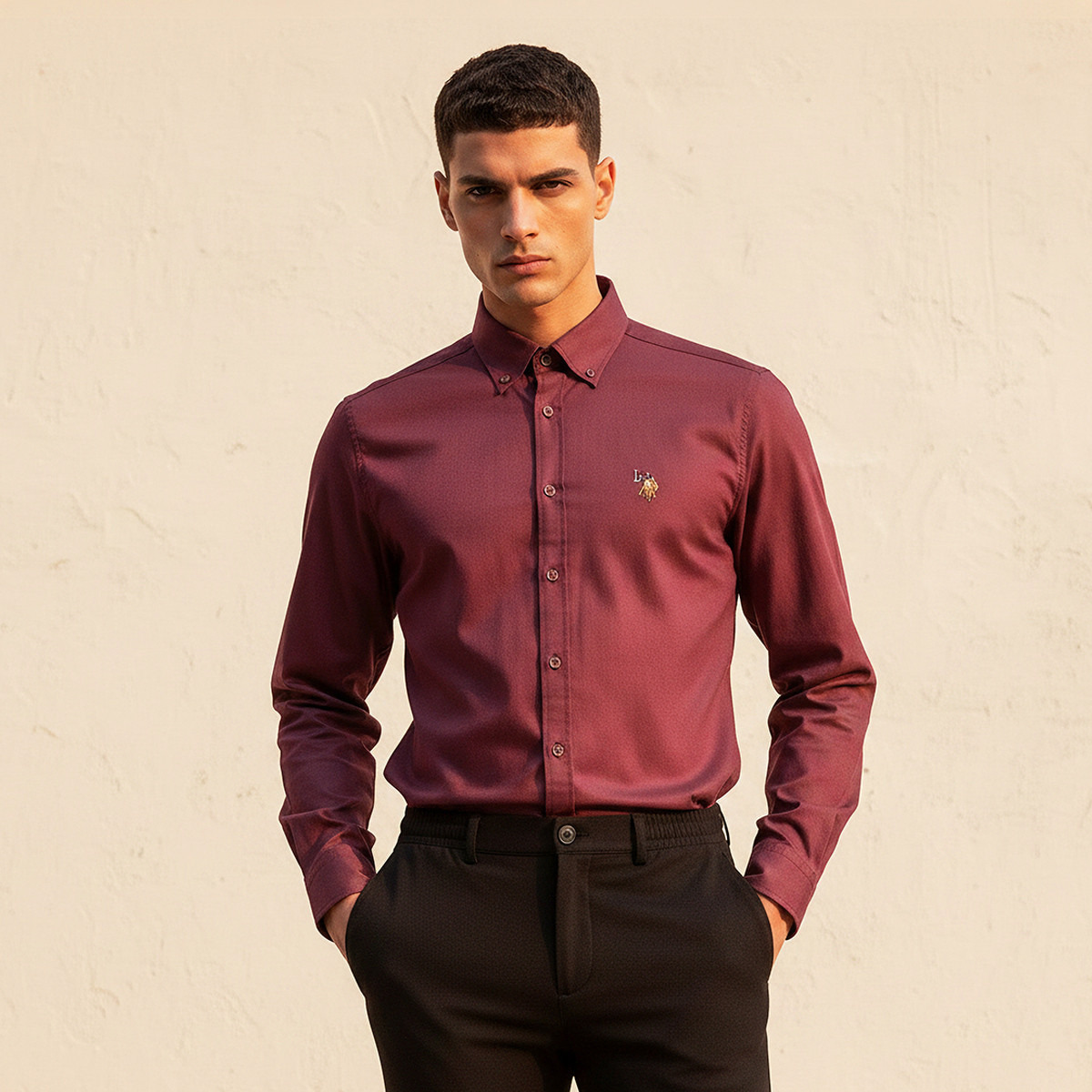 قميص رجالي بقصة ضيقة وياقة بزرار وأكمام طويلة سادة من يو إس بولو أسسن-men-clothing-shirts-image-5