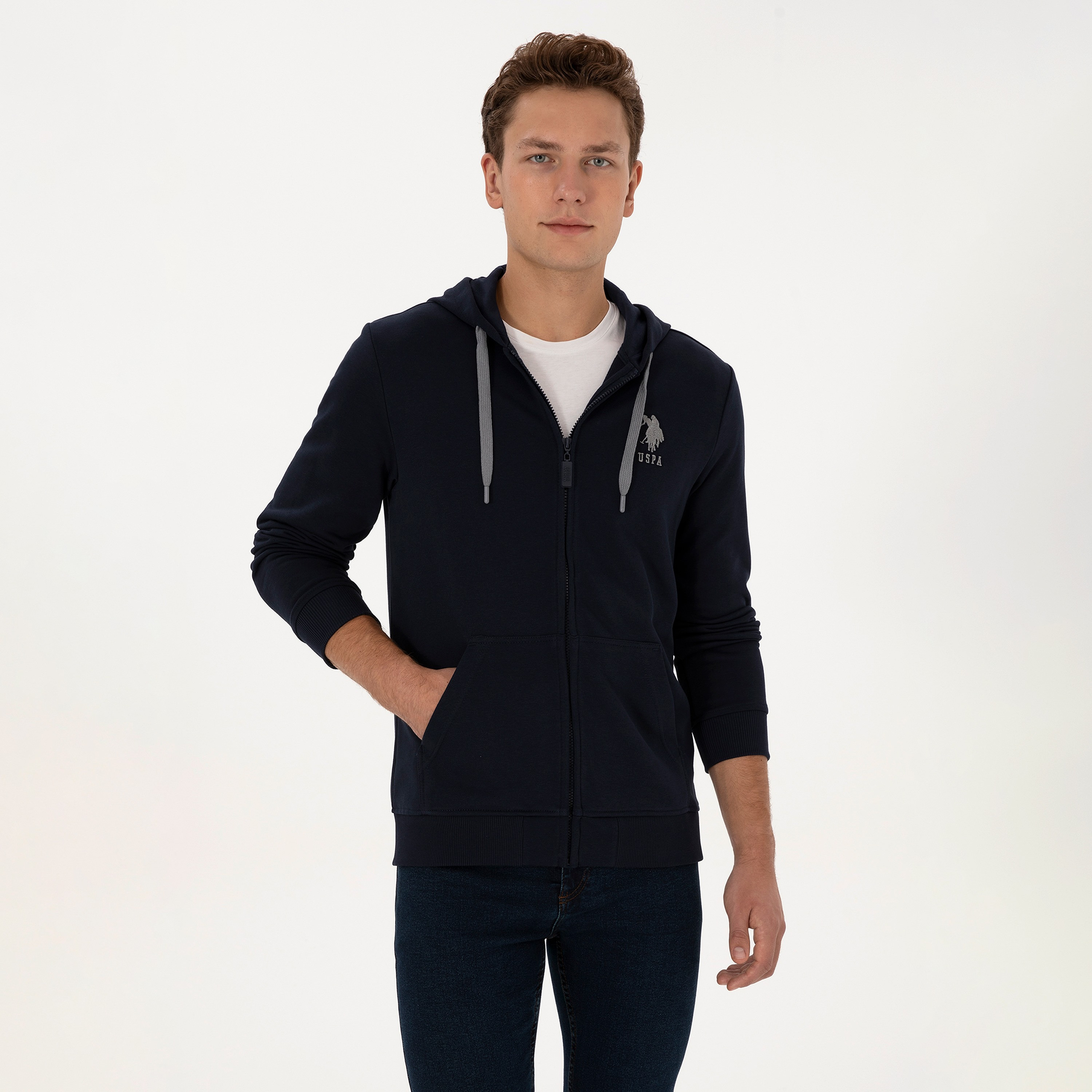 U.S. Polo Assn Plain Hooded Long Sleeves Men's Zip Through Sweatshirt-men-winterwear-hoodiesandsweatshirts-image-1