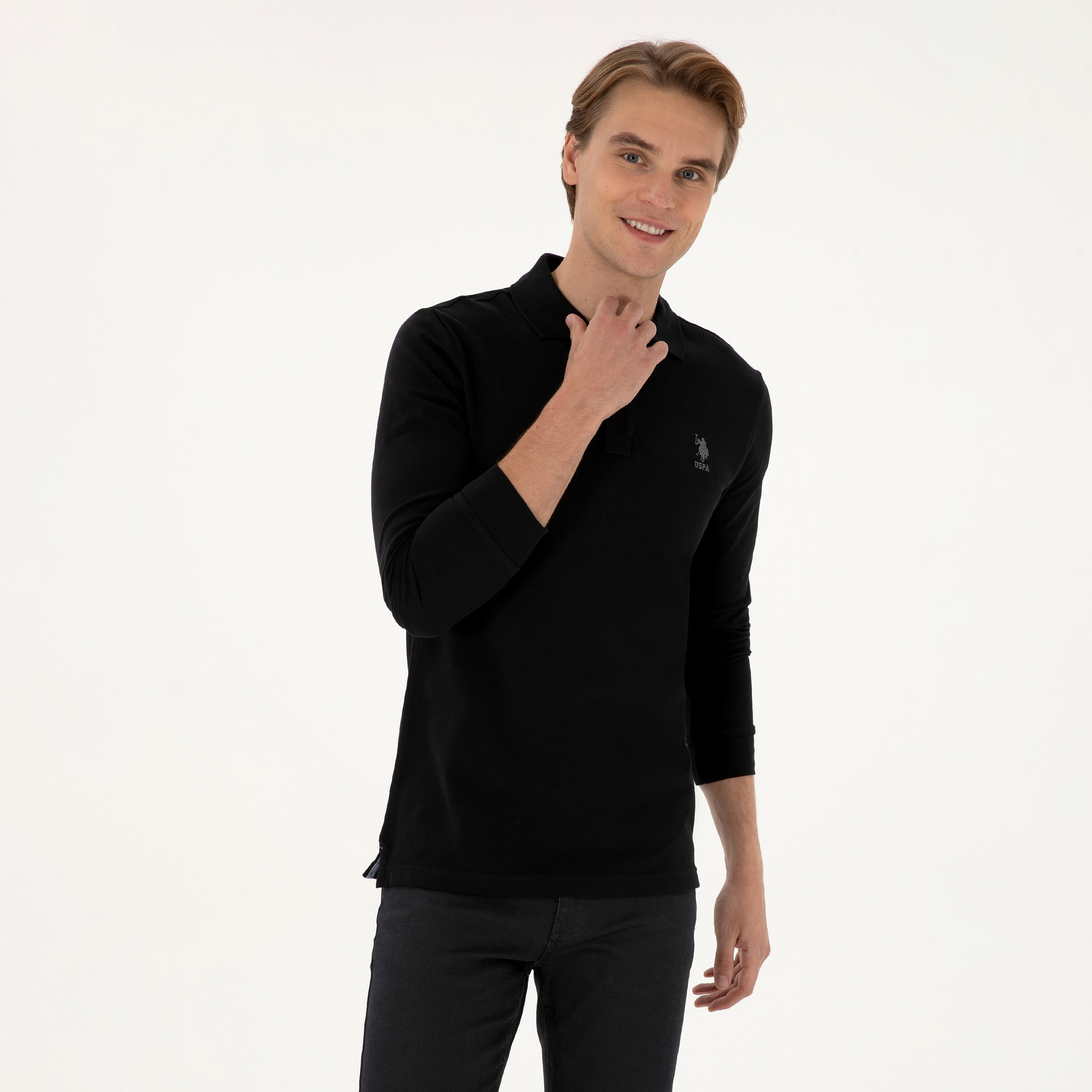 تي شيرت بولو رجالي بياقة وأكمام طويلة سادة من يو إس بولو أسسن-men-clothing-tshirtsandpolos-polos-image-1