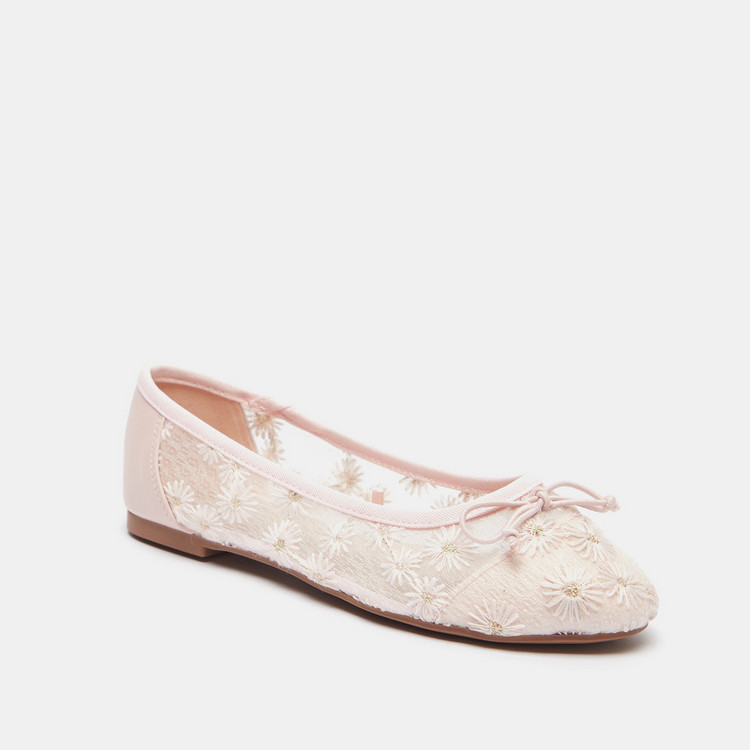 Little Missy Embroidered Ballerina Shoes with Bow Accent