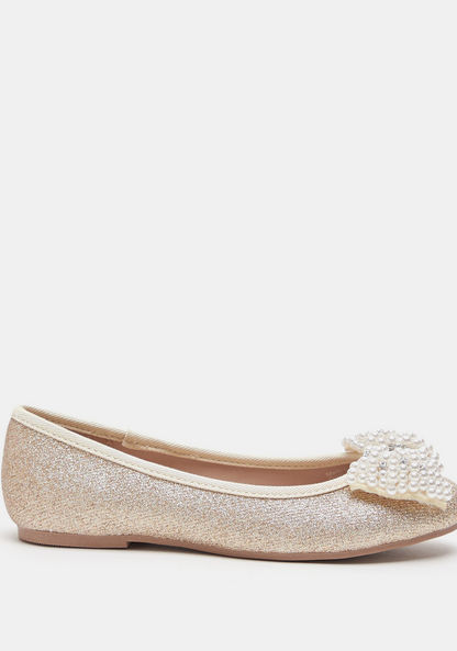 Little Missy Glittered Slip-On Ballerinas with Embellished Bow Applique