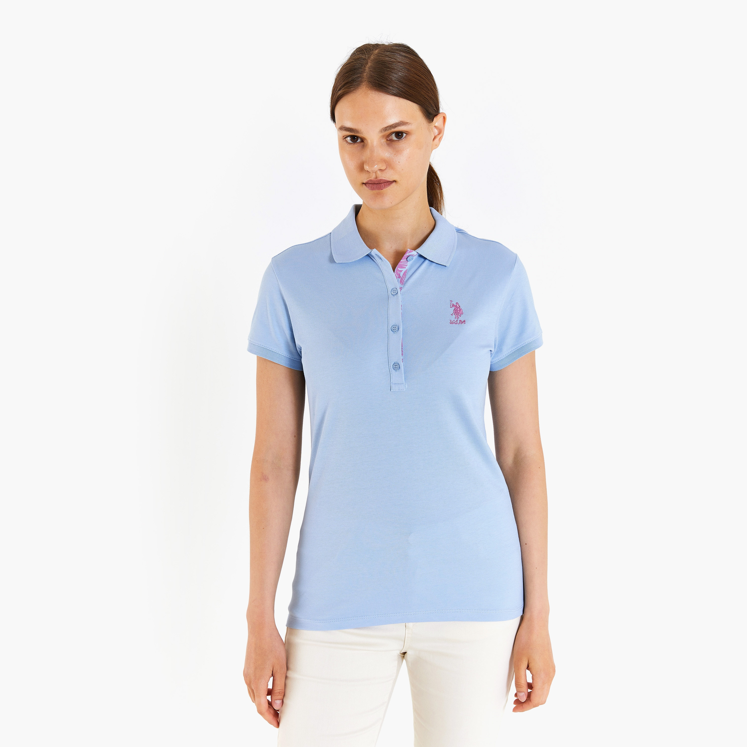 تيشيرت بولو بأكمام قصيرة بياقة بشعار مطرز بشعار U.S.Polo'Assn-women-clothing-tshirts-image-1