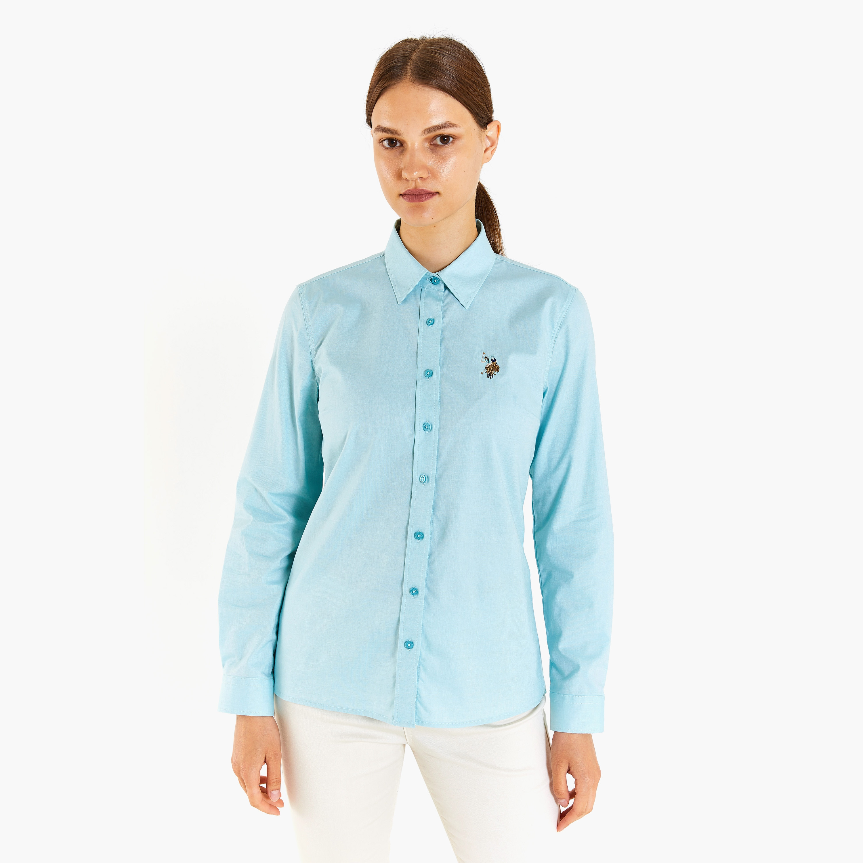 قميص U.S.Polo'Assn ضيق مطرز بشعار مطرز بأكمام طويلة-women-clothing-shirtsandblouses-blouses-image-1