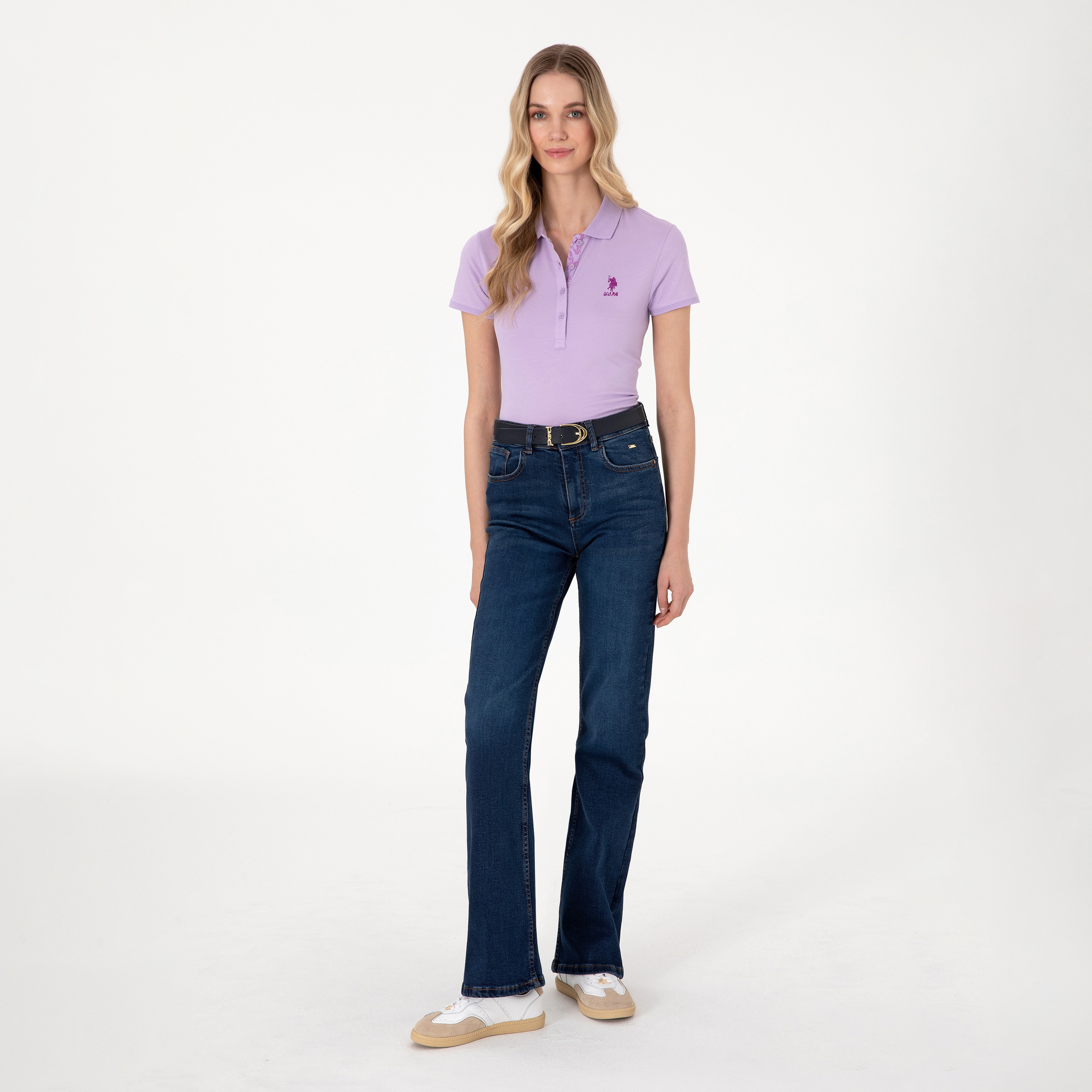 تي شيرت بولو نسائي، بقصة ضيقة وياقة سادة وأكمام قصيرة من يو إس بولو أسسن-women-clothing-tshirts-image-2