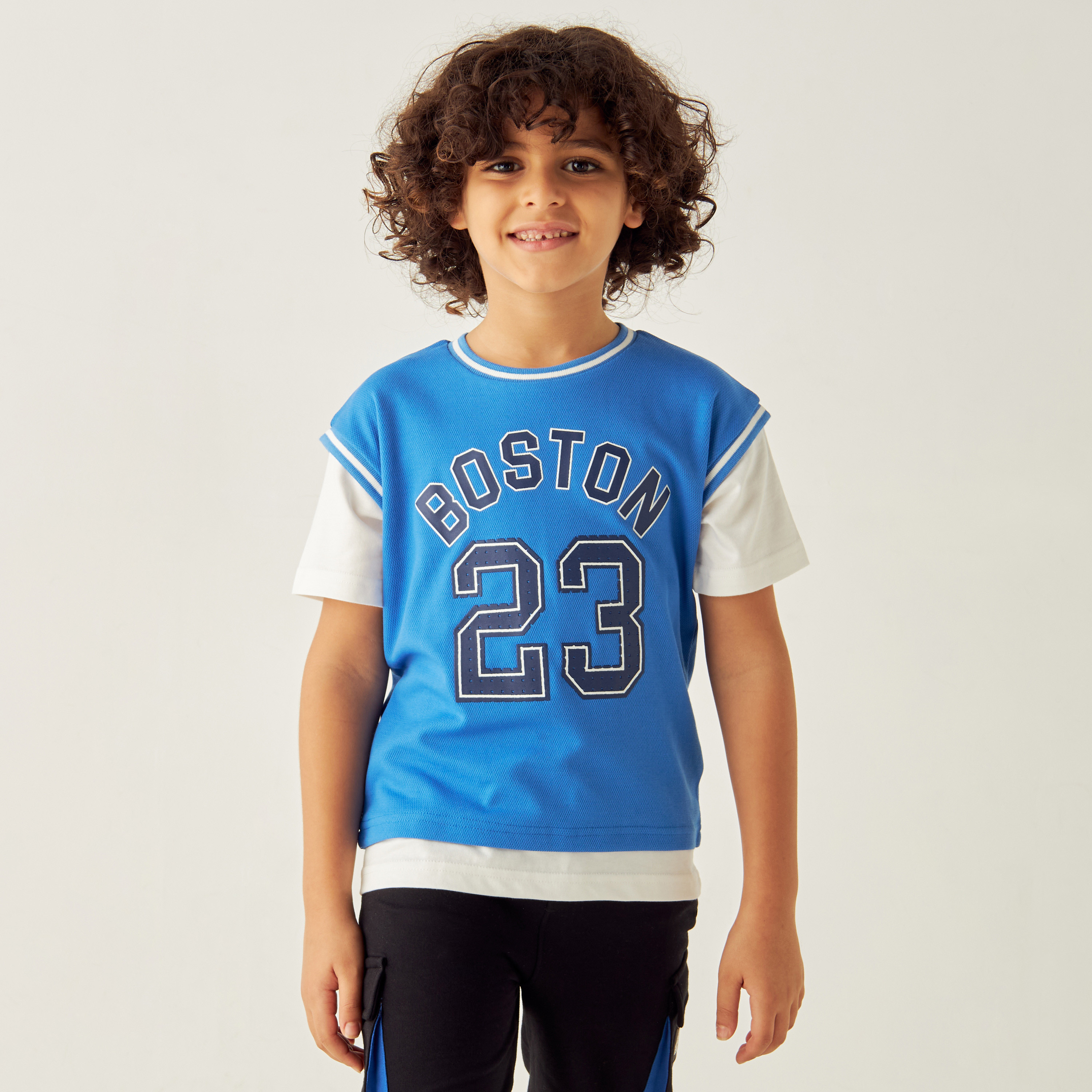 Juniors Graphic Print Layered T-shirt with Short Sleeves and Round Neck-boys-clothing-tshirtsandpolos-image-1