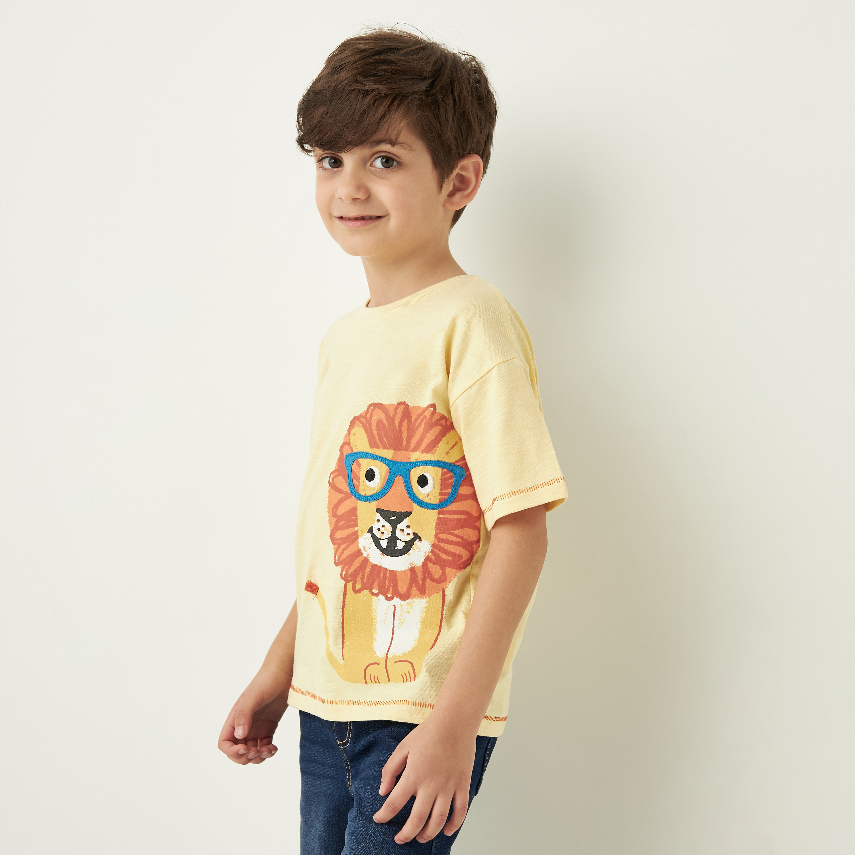 Juniors Lion Graphic Print T-shirt with Crew Neck and Short Sleeves-boys-clothing-tshirtsandpolos-image-1