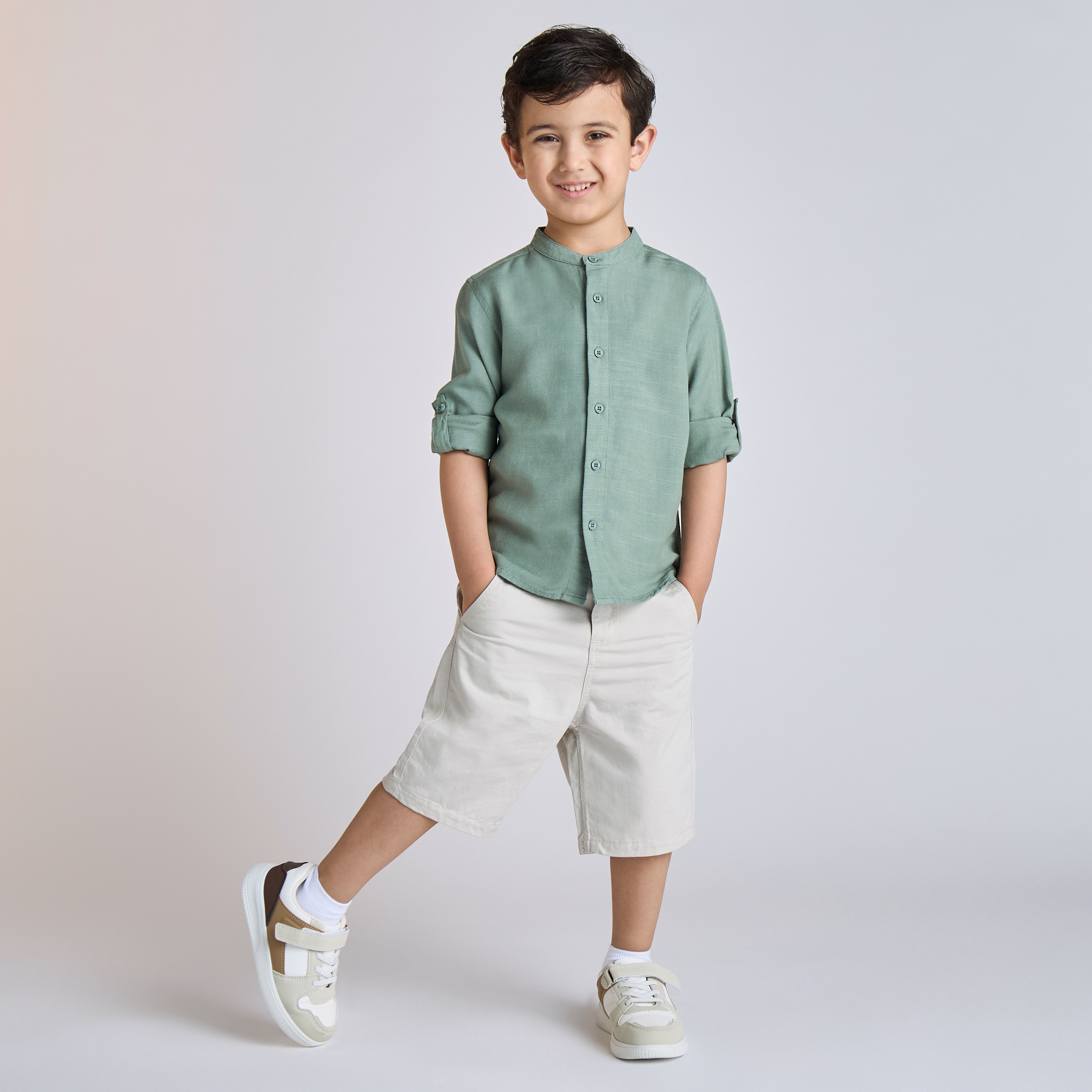 Juniors Solid Mandarin Collar Shirt and Shorts Set-boys-clothing-setsandcoords-image-1