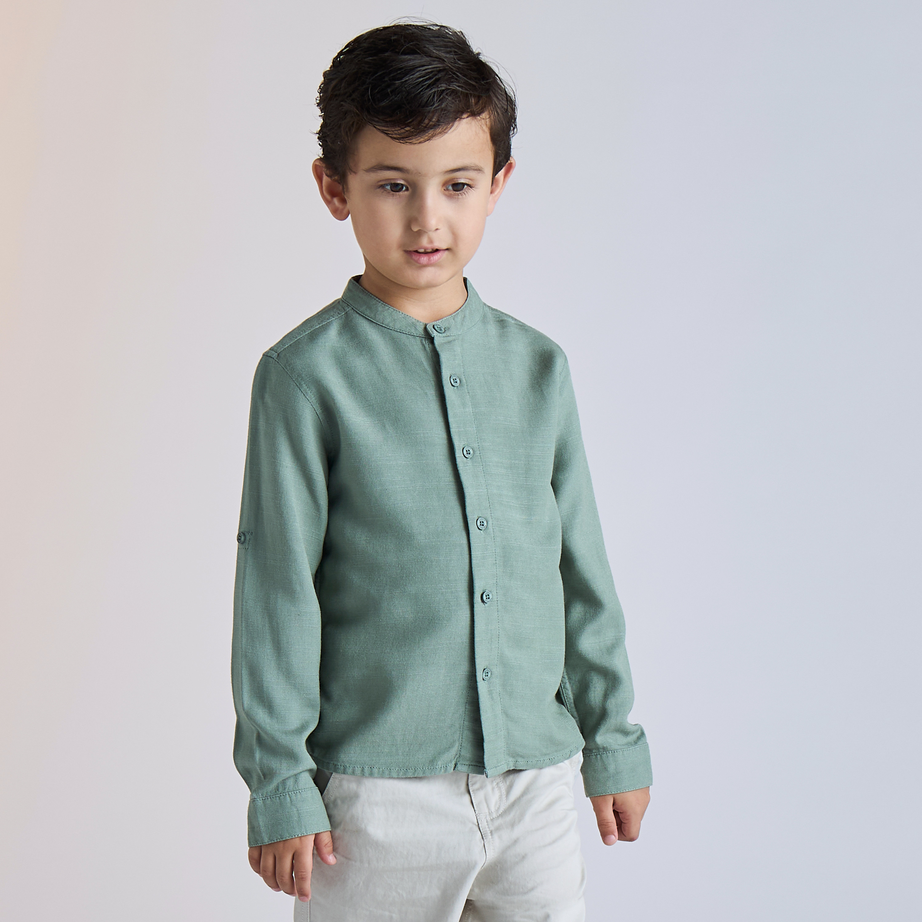 Juniors Solid Mandarin Collar Shirt and Shorts Set-boys-clothing-setsandcoords-image-2