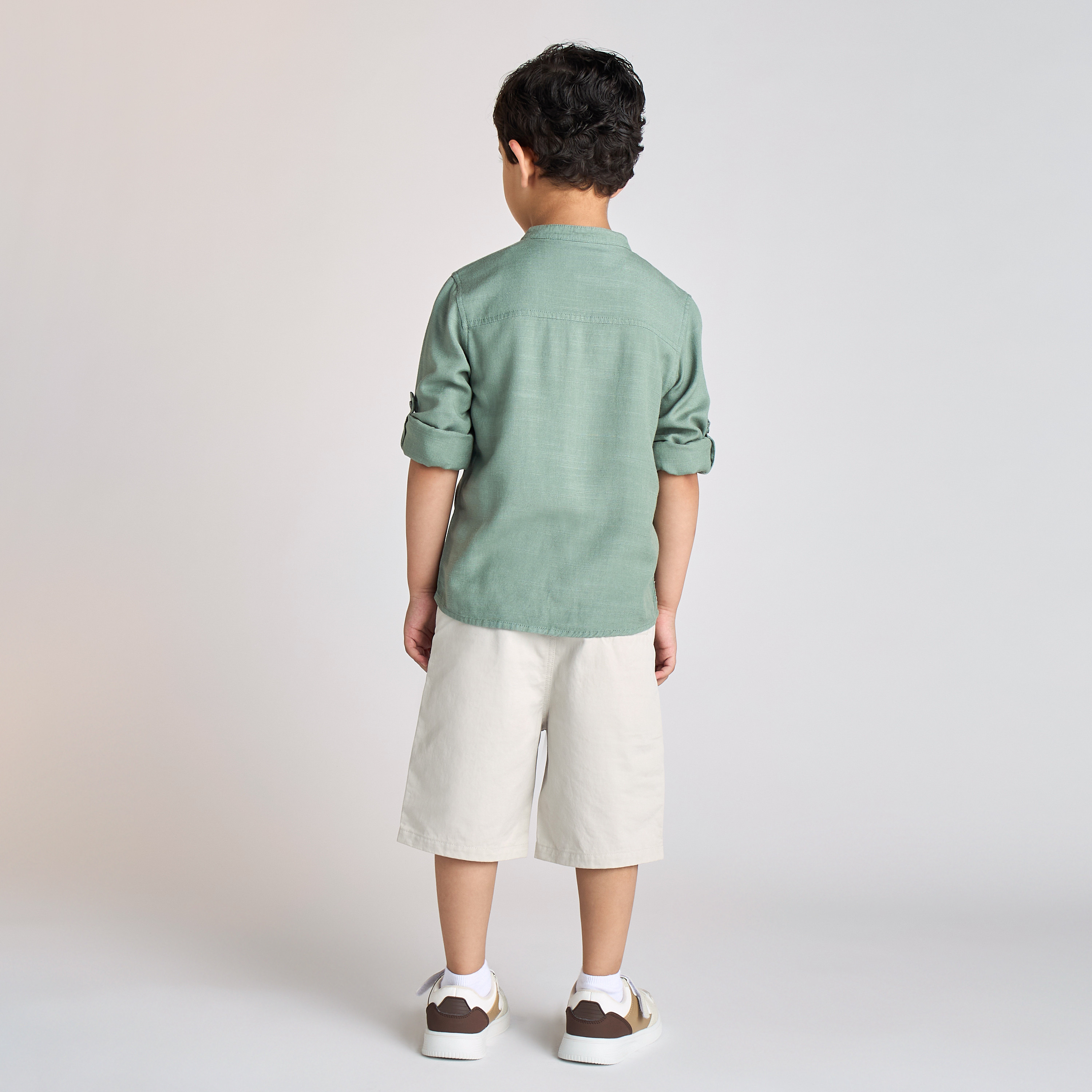 Juniors Solid Mandarin Collar Shirt and Shorts Set-boys-clothing-setsandcoords-image-4