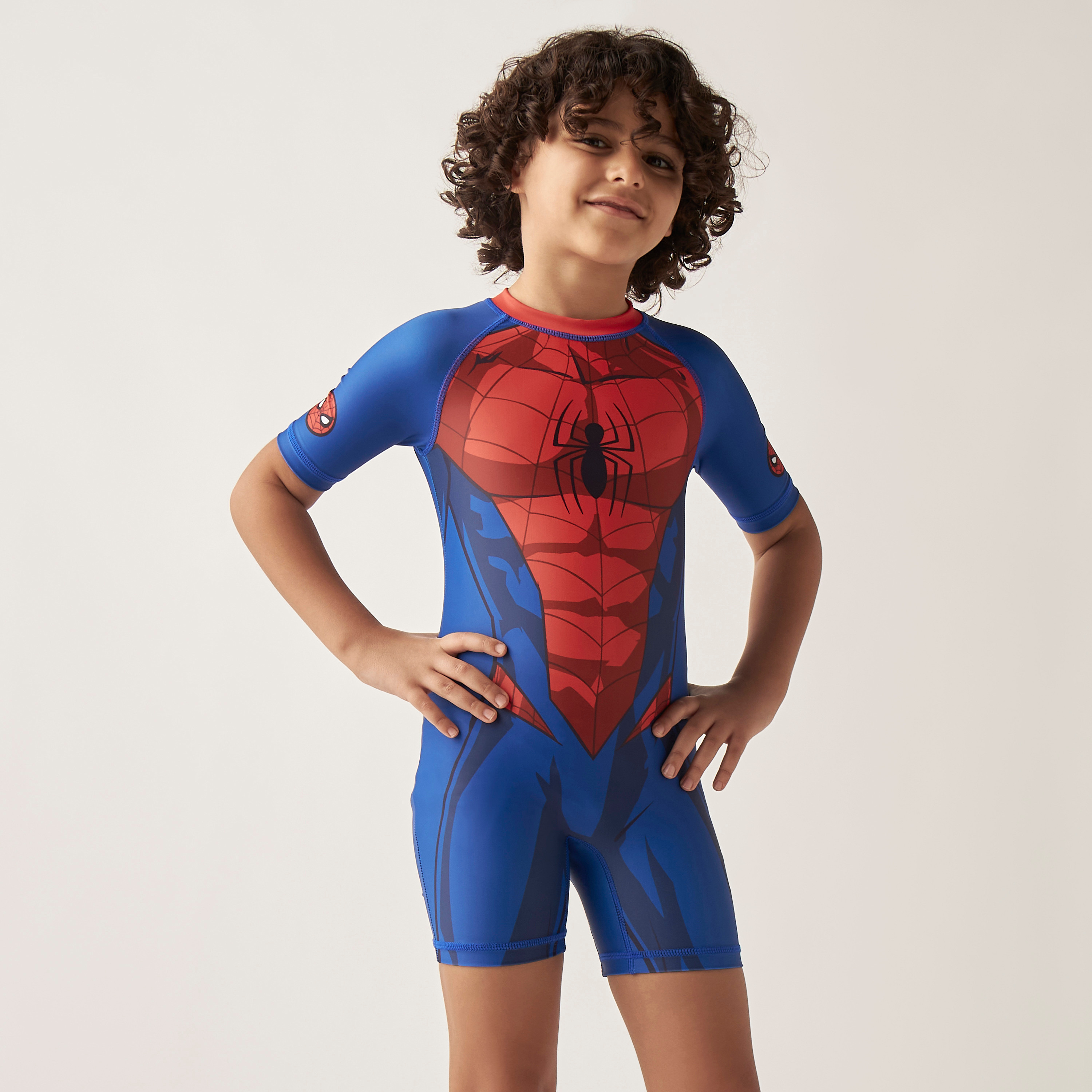 Buy Spider Man Print Romper Swimsuit with Short Sleeves and Zip Closure for Babies Online Centrepoint Oman