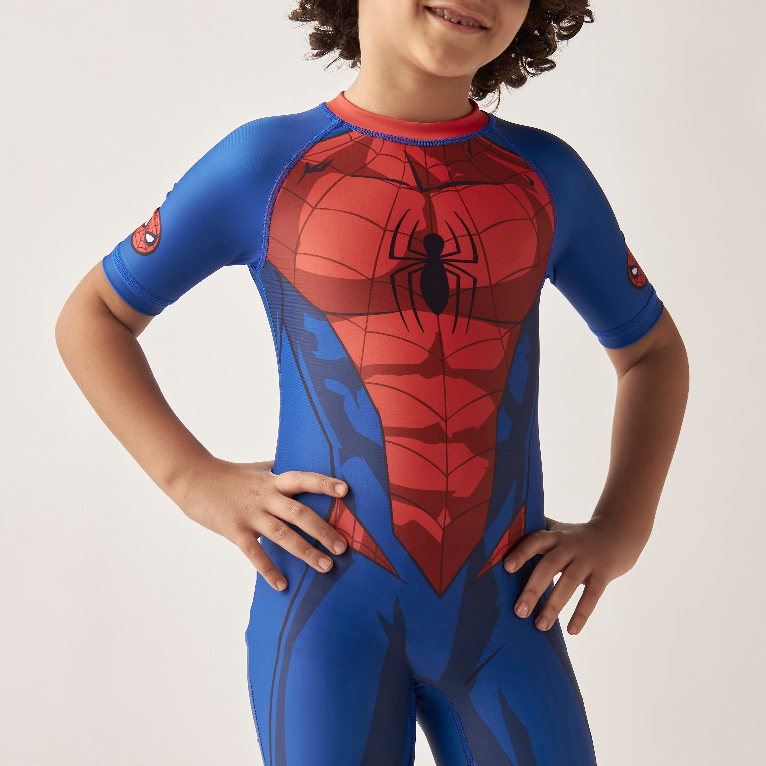 Buy Spider Man Print Romper Swimsuit with Short Sleeves and Zip