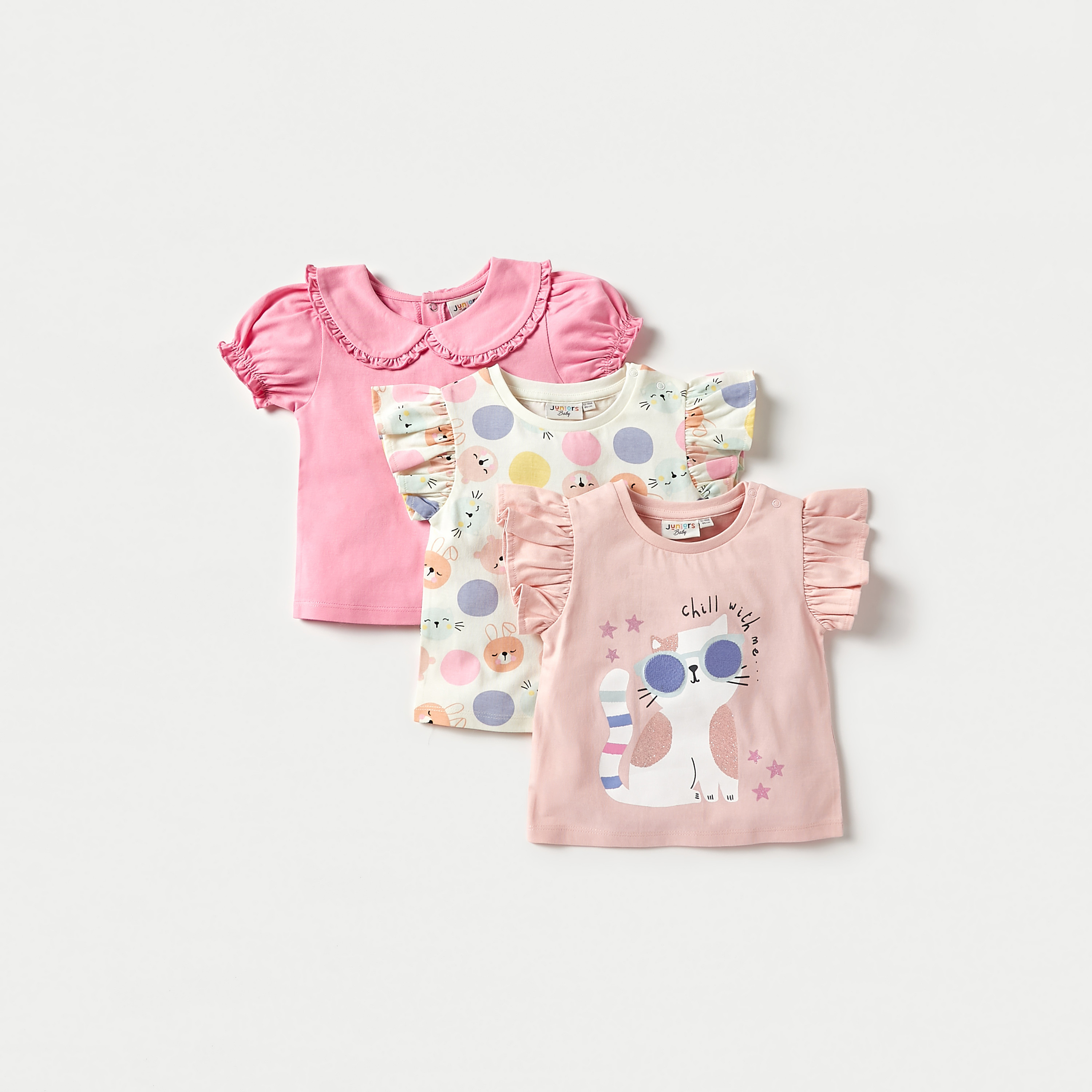 Juniors Printed T-shirt with Cap Sleeves and Round Neck - Set of 3-baby-girls-clothing-tshirts-image-1