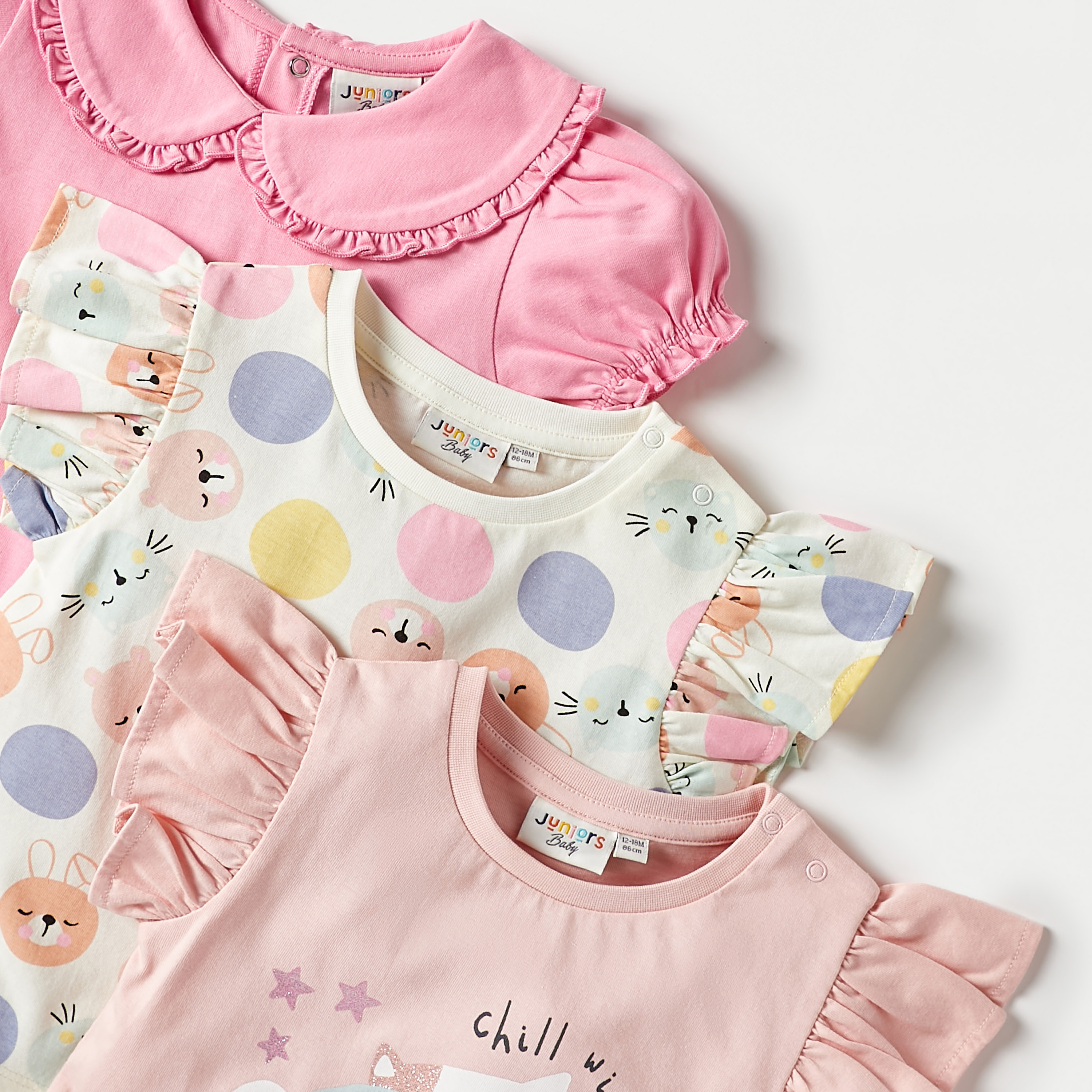 Juniors Printed T-shirt with Cap Sleeves and Round Neck - Set of 3-baby-girls-clothing-tshirts-image-5