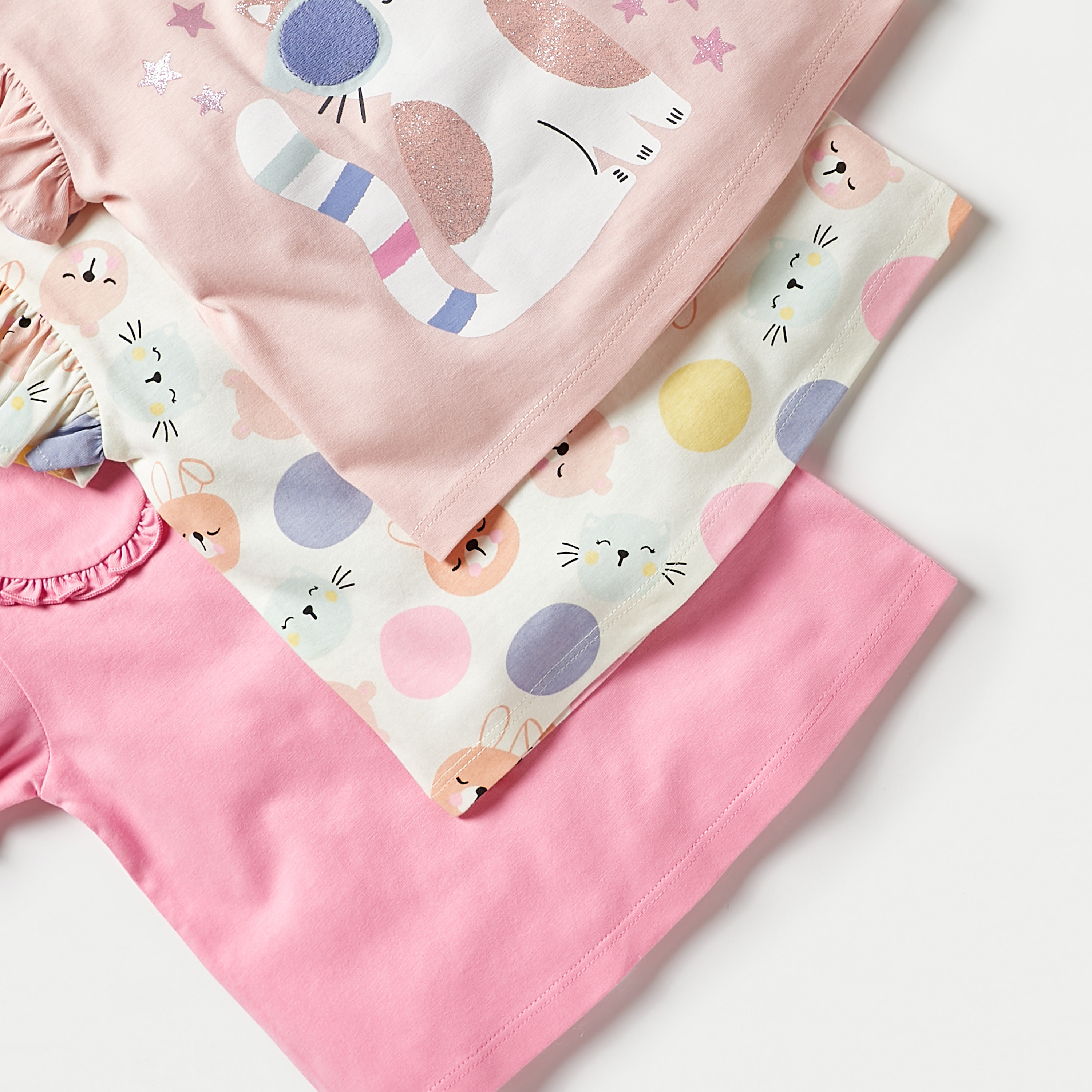 Juniors Printed T-shirt with Cap Sleeves and Round Neck - Set of 3-baby-girls-clothing-tshirts-image-6