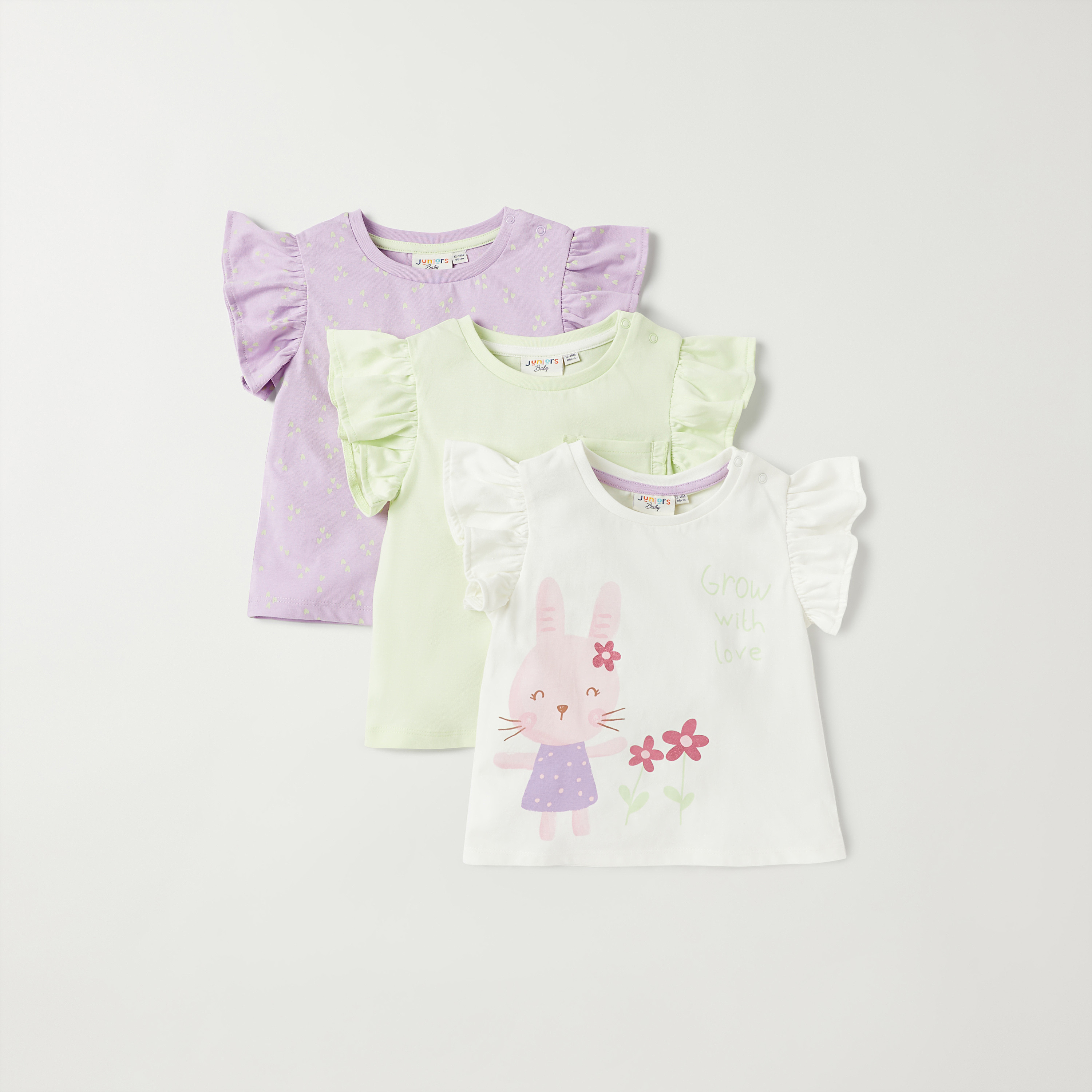 Juniors Printed T-shirt with Crew Neck and Cap Sleeves - Set of 3-baby-girls-clothing-multipacks-image-1