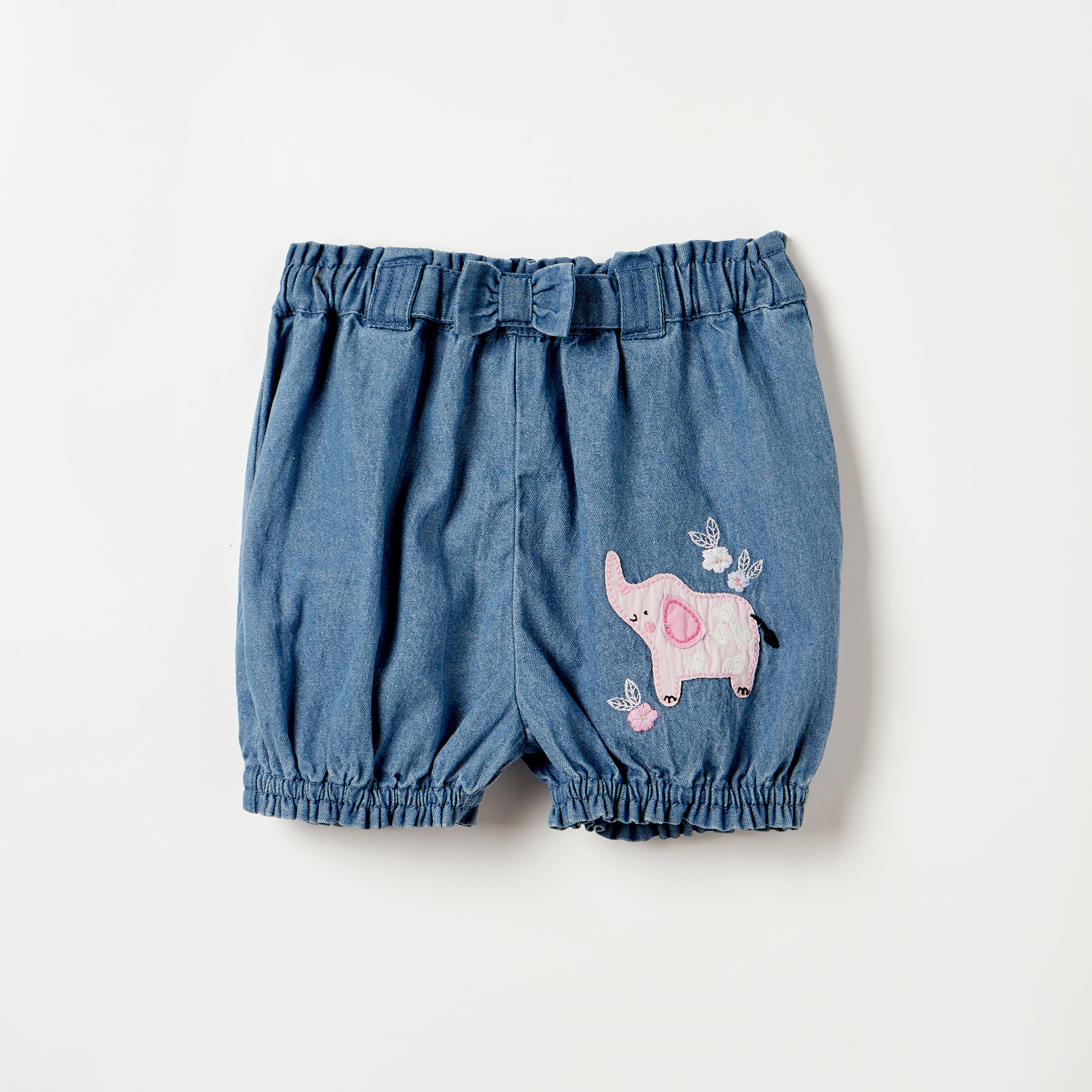 Juniors Elephant Applique Denim Shorts with Bow Detail-baby-girls-clothing-bottoms-shorts-image-1