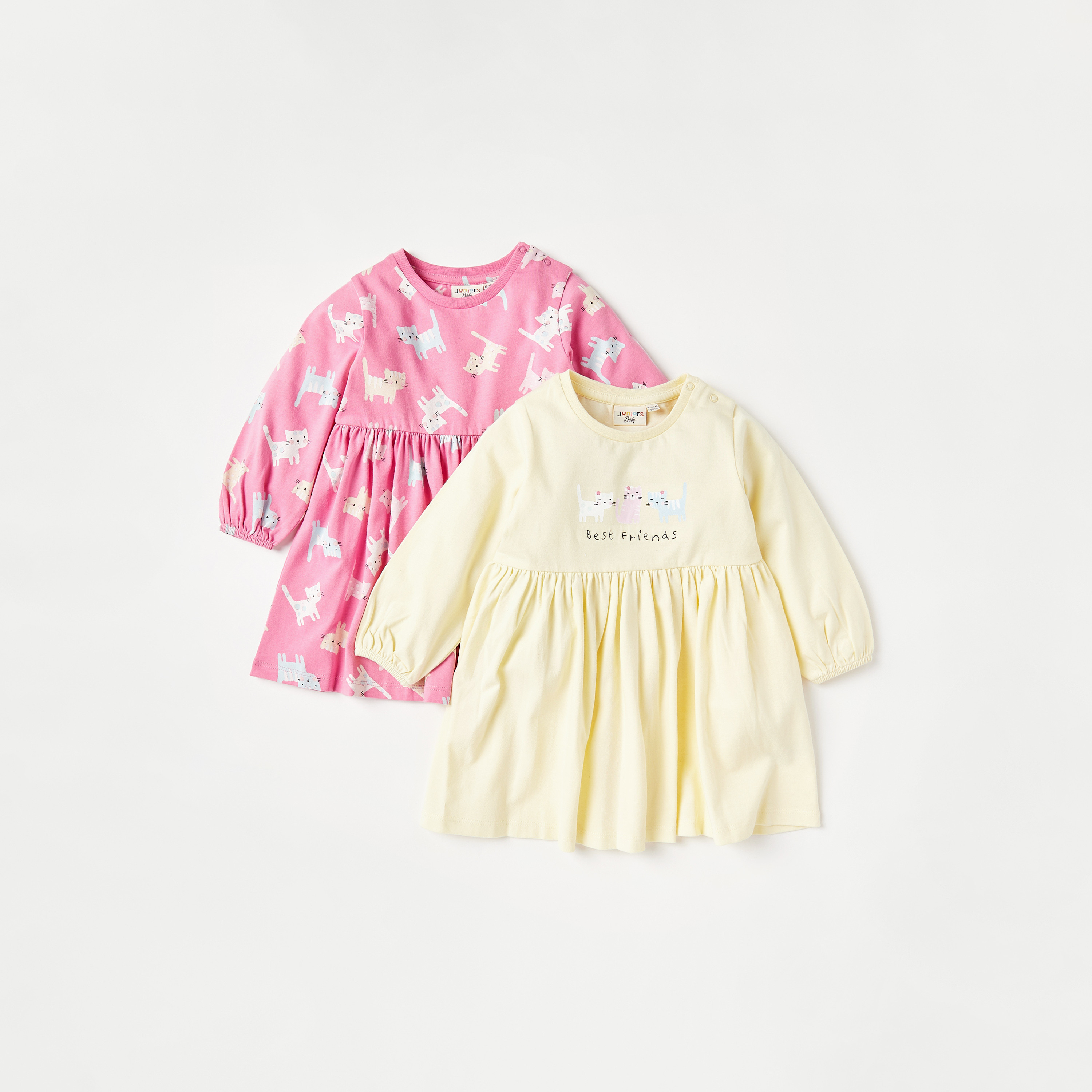 فستان إيه لاين بأكمام طويلة وياقة مستديرة وطبعات قطة - طقم من قطعتين-baby-girls-clothing-dressesandjumpsuits-image-1
