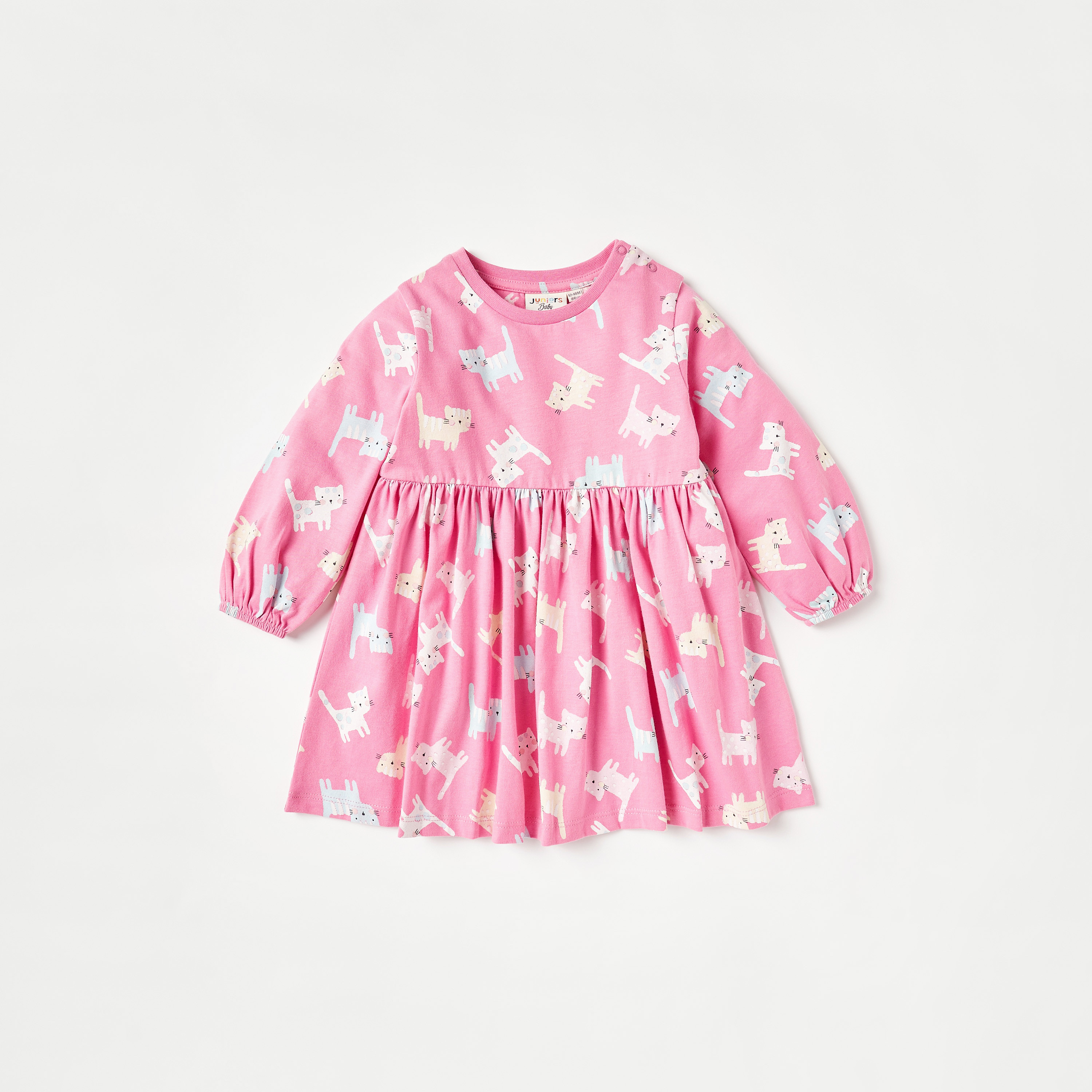 فستان إيه لاين بأكمام طويلة وياقة مستديرة وطبعات قطة - طقم من قطعتين-baby-girls-clothing-dressesandjumpsuits-image-2
