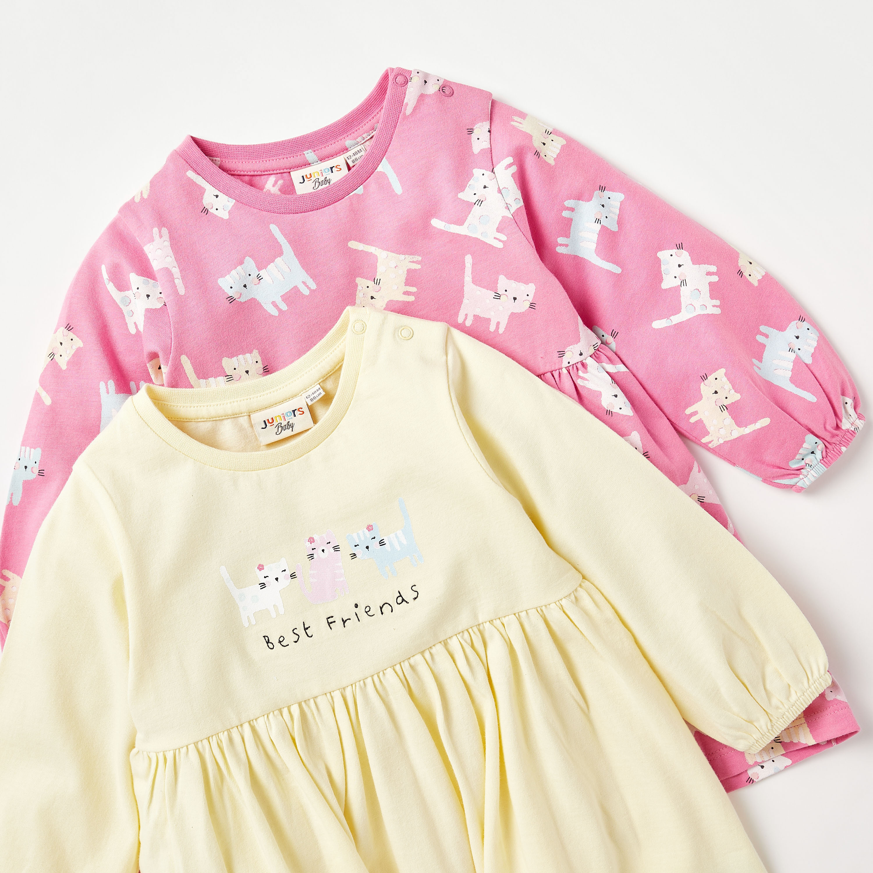 فستان إيه لاين بأكمام طويلة وياقة مستديرة وطبعات قطة - طقم من قطعتين-baby-girls-clothing-dressesandjumpsuits-image-4