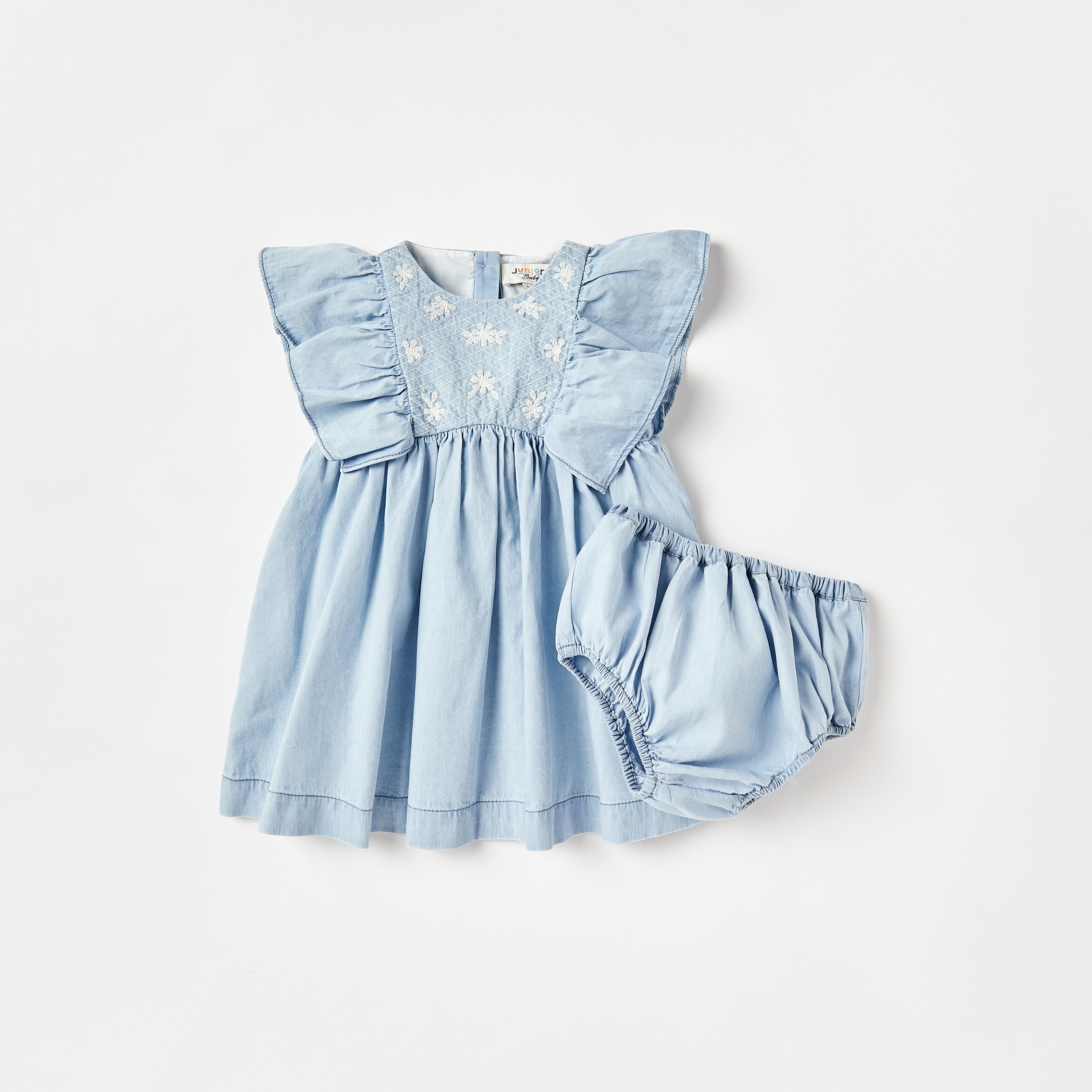 Juniors Floral Embroidered A-line Dress with Flutter Sleeves and Elasticated Bloomers Set-baby-girls-clothing-dressesandjumpsuits-image-1