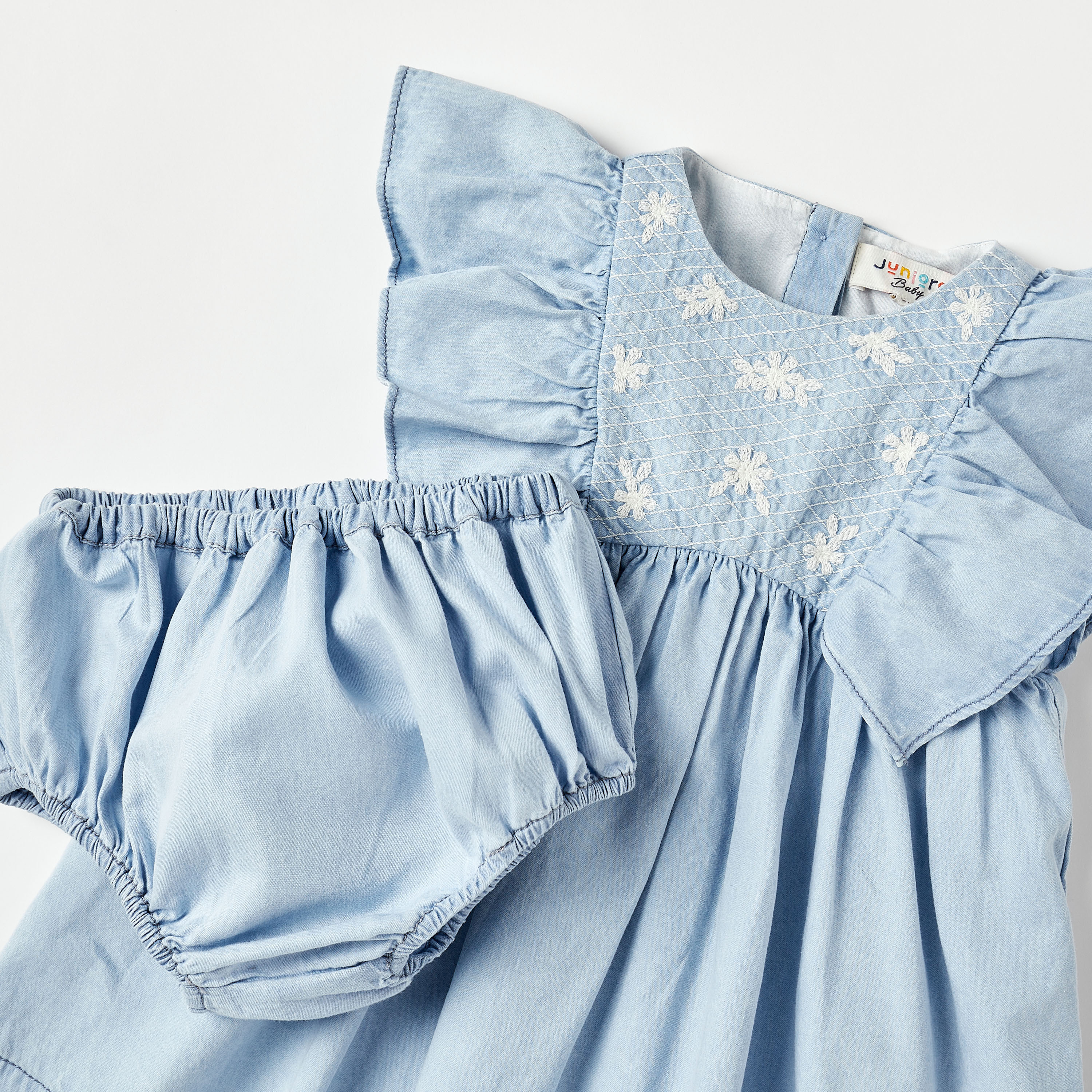Juniors Floral Embroidered A-line Dress with Flutter Sleeves and Elasticated Bloomers Set-baby-girls-clothing-dressesandjumpsuits-image-4
