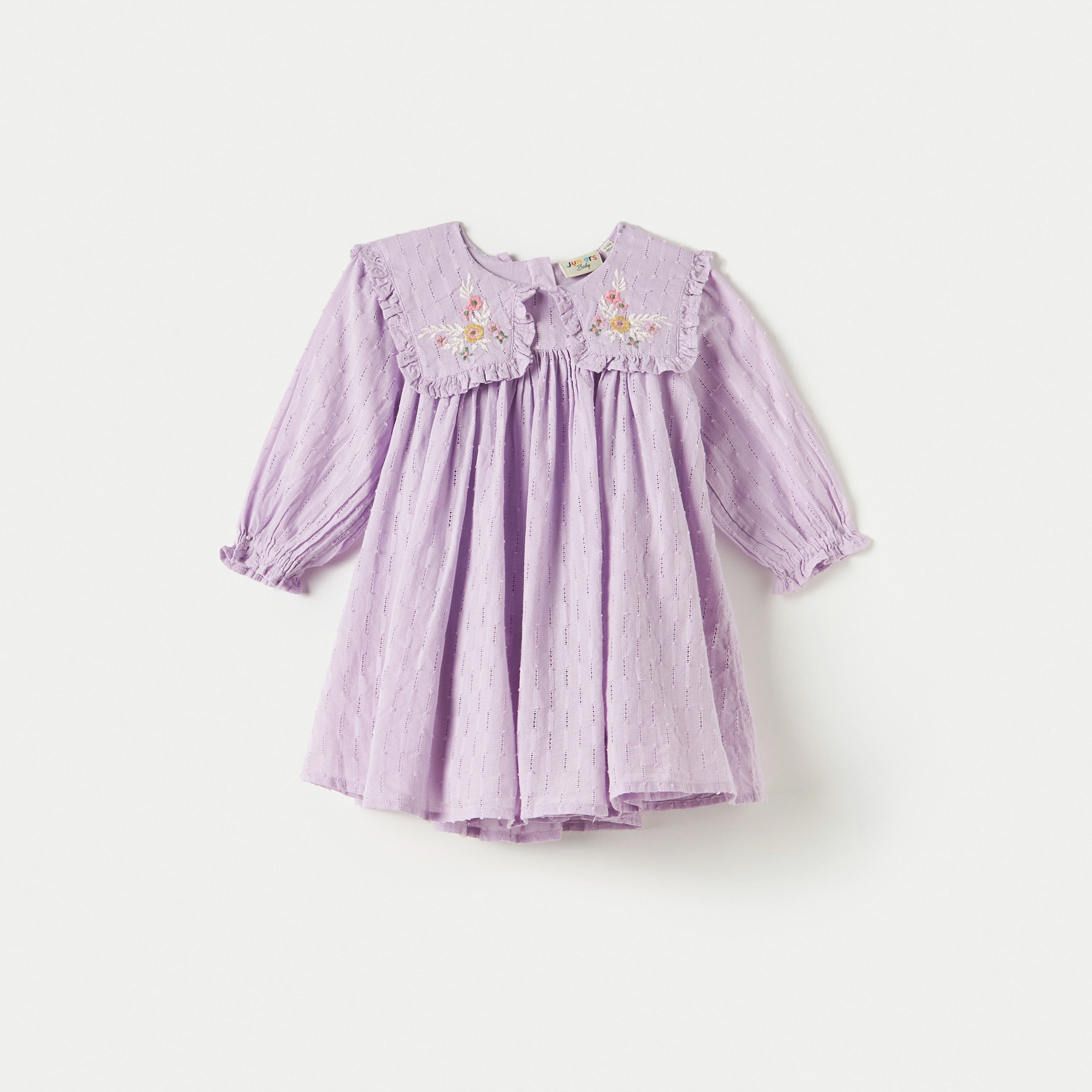 Juniors Floral Embroidered A-line Dress with Peter Pan Collar and Long Sleeves-baby-girls-clothing-dressesandjumpsuits-image-1