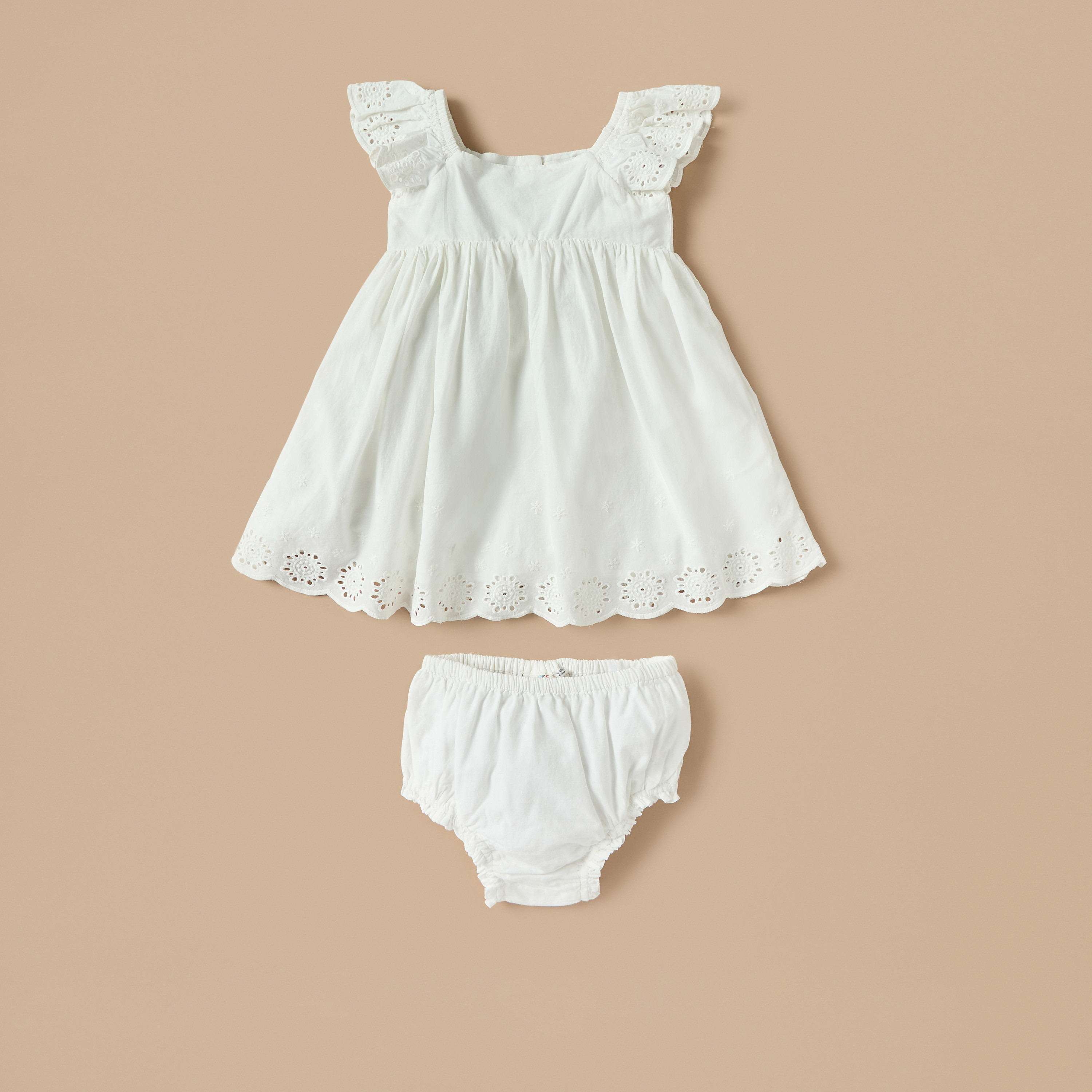 Juniors Solid Schiffli Detail A-line Dress with Ruffle Detail and Elasticated Bloomers-baby-girls-clothing-dressesandjumpsuits-image-1