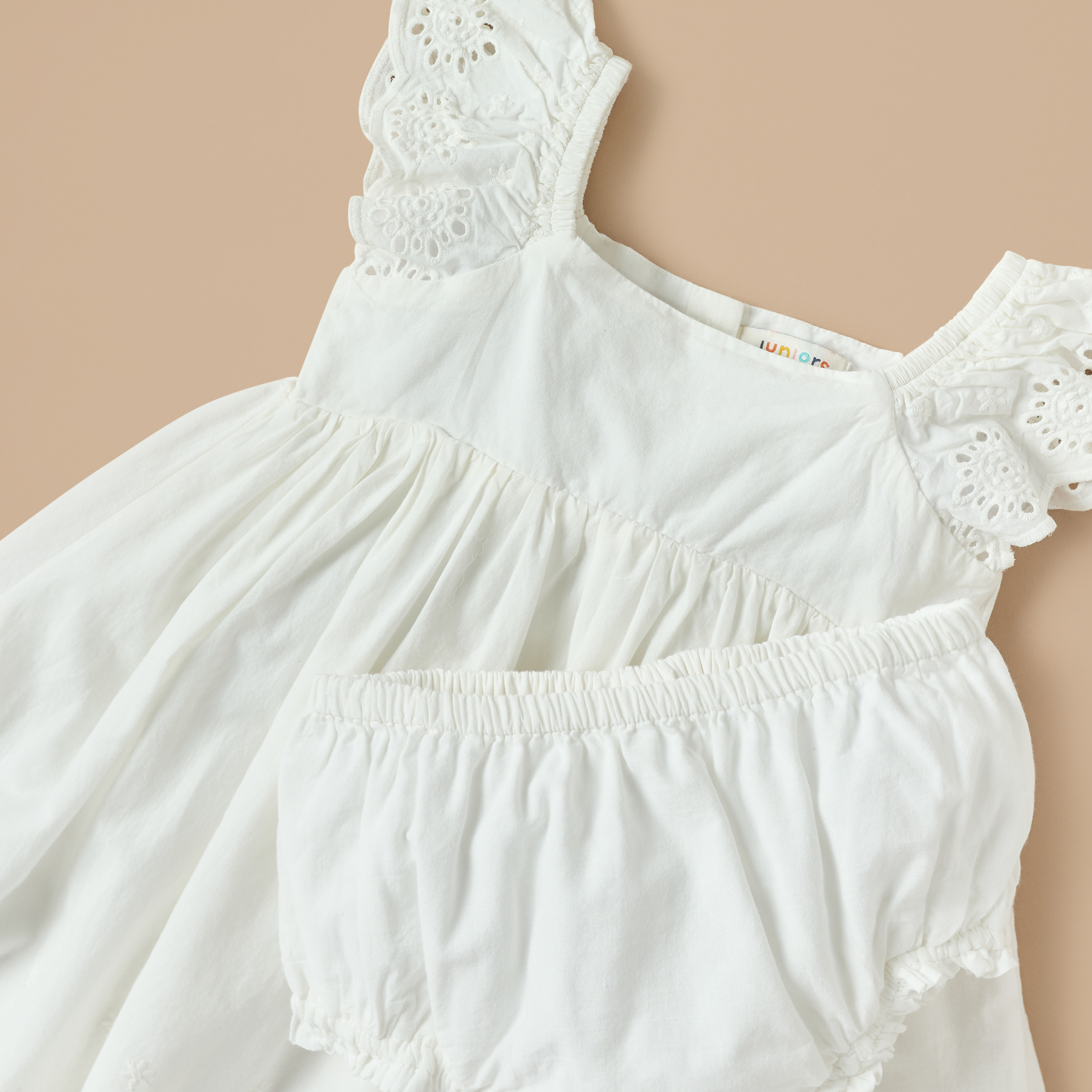 Juniors Solid Schiffli Detail A-line Dress with Ruffle Detail and Elasticated Bloomers-baby-girls-clothing-dressesandjumpsuits-image-4