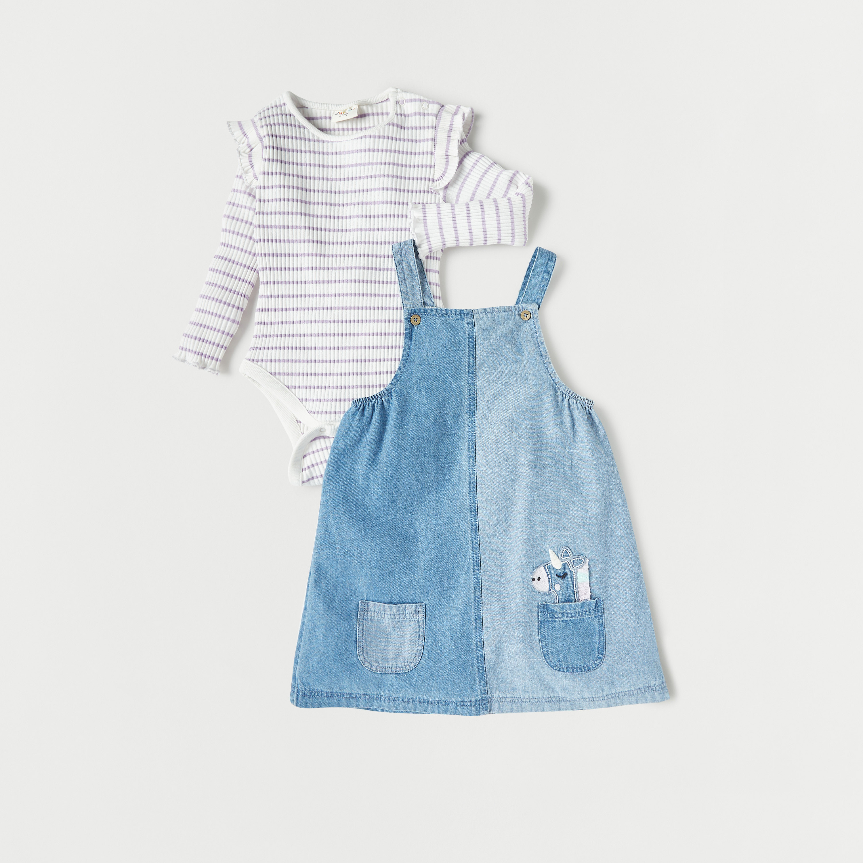 Juniors Striped Long Sleeves Bodysuit and Dungaree Dress Set-baby-girls-clothing-setsandcoords-image-1