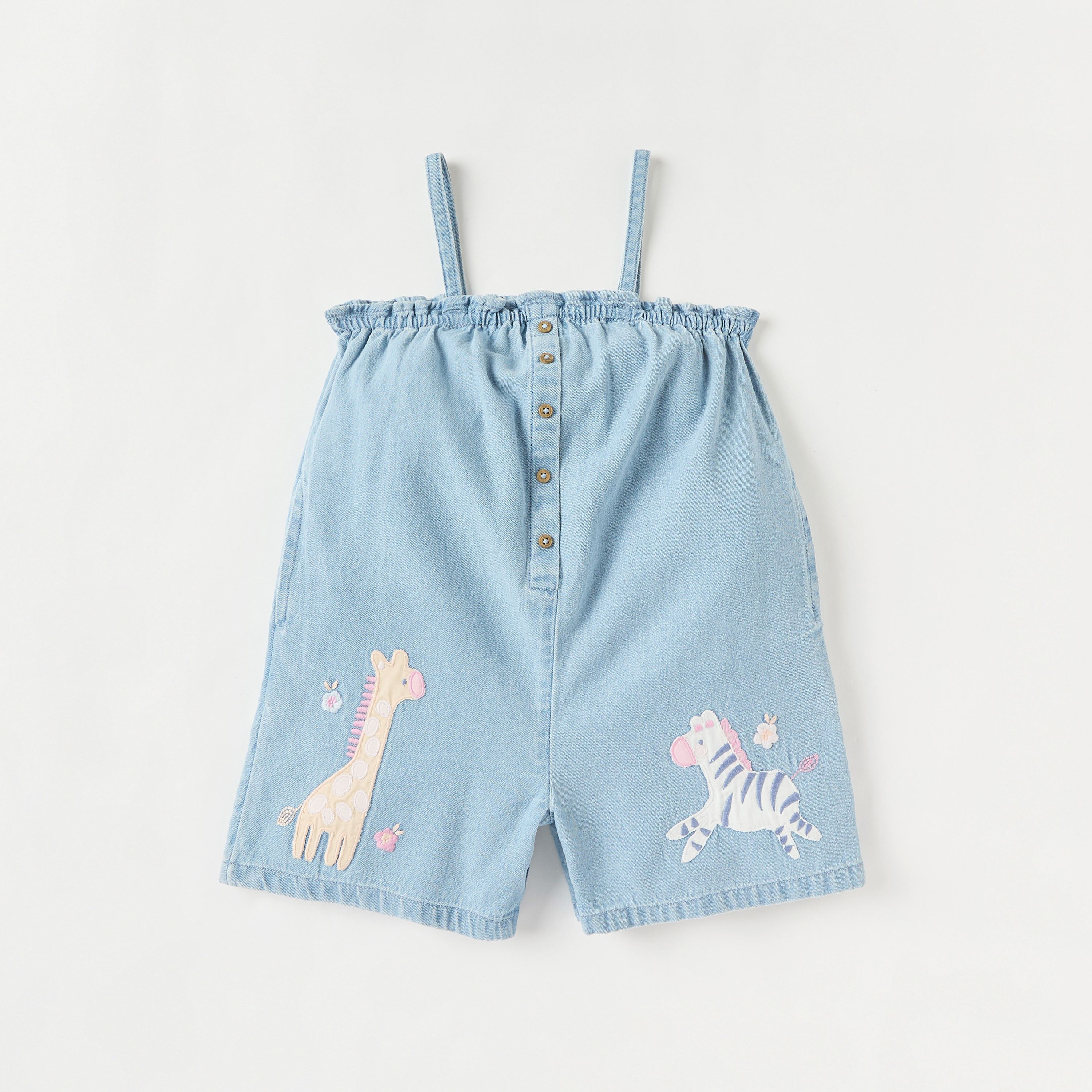 Juniors Animal Applique Denim Dungaree with Strap Sleeves and Button Detail-baby-girls-clothing-rompers-image-1