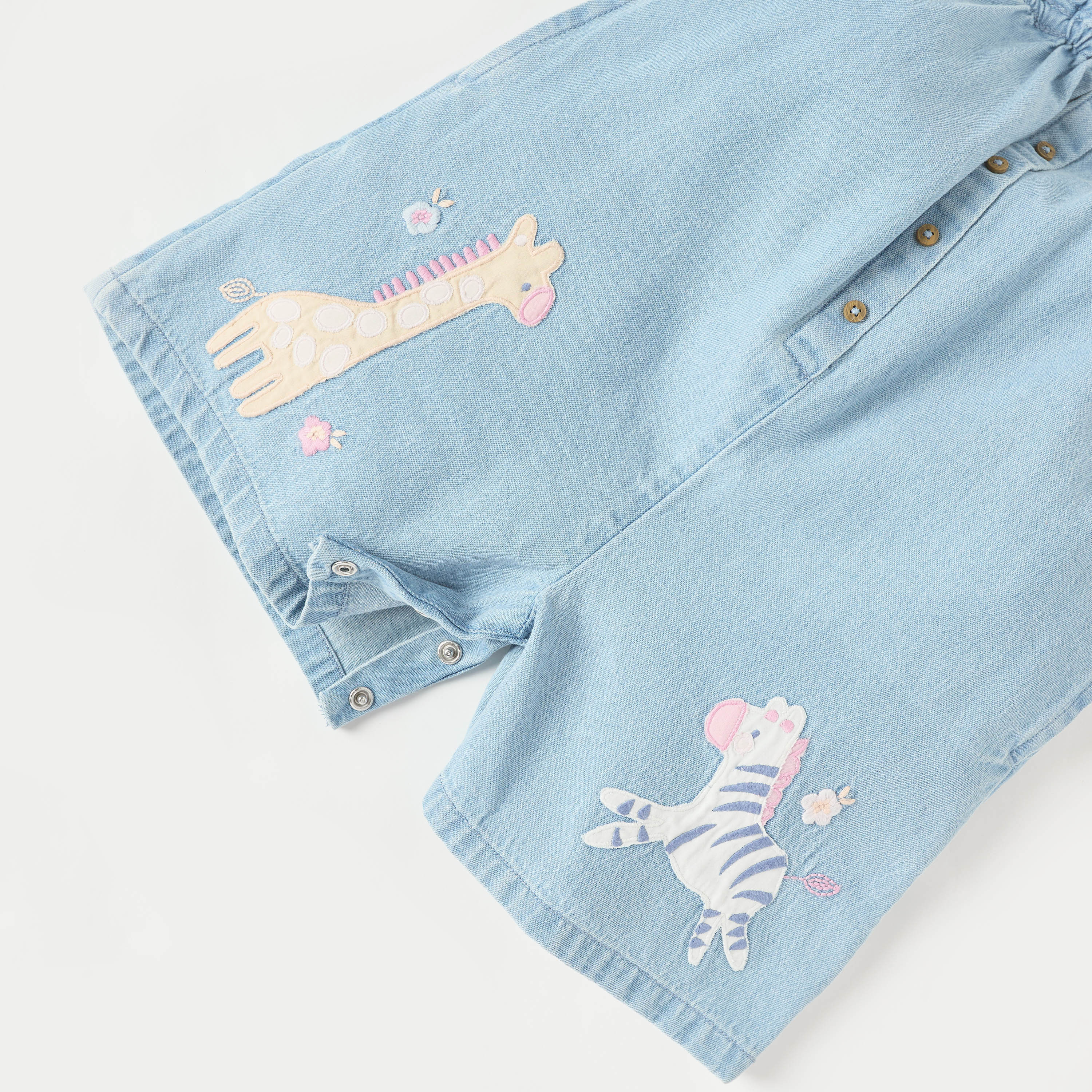 Juniors Animal Applique Denim Dungaree with Strap Sleeves and Button Detail-baby-girls-clothing-rompers-image-4