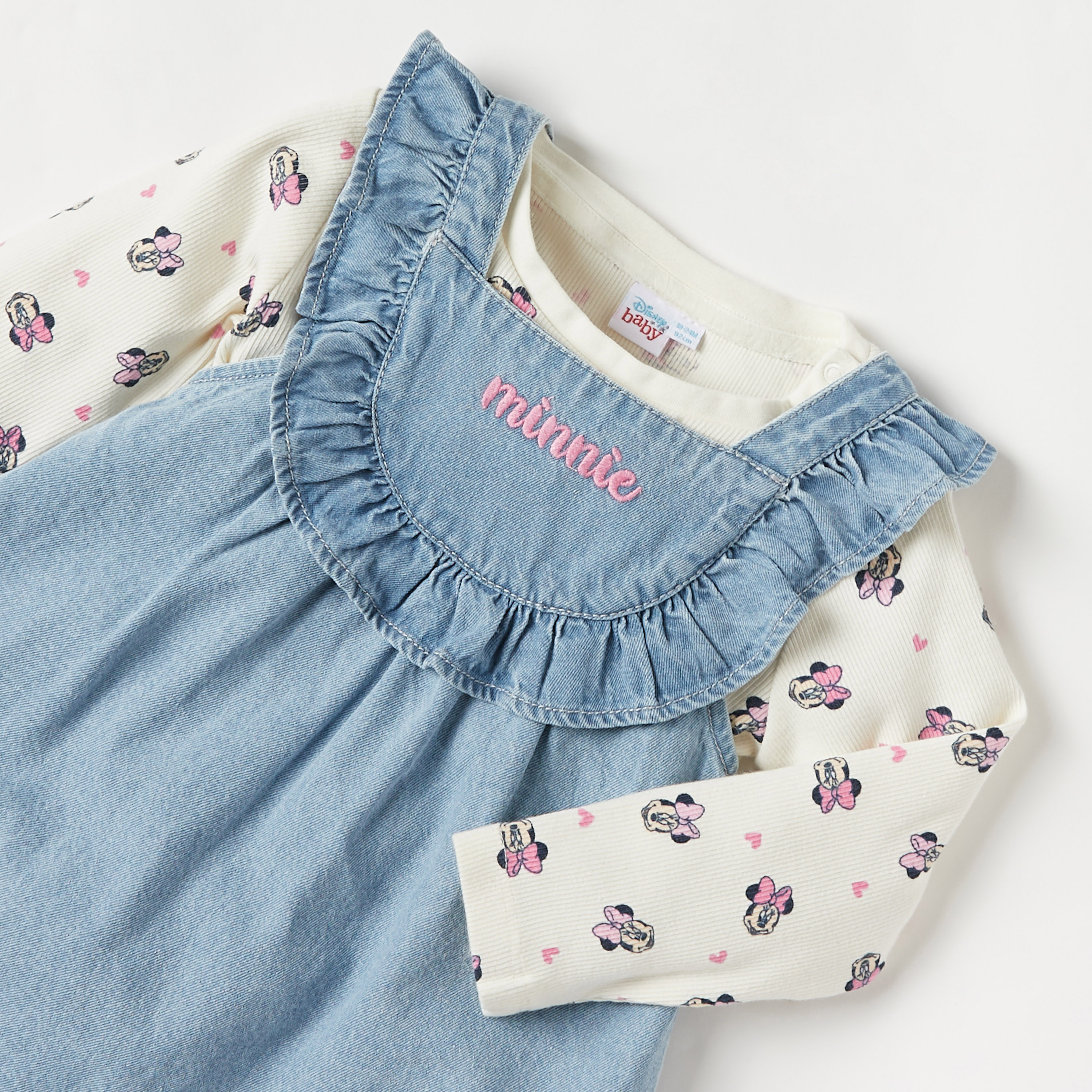 Disney Minnie Mouse Print T-shirt and Denim Dungaree Dress Set-baby-girls-clothing-setsandcoords-image-4