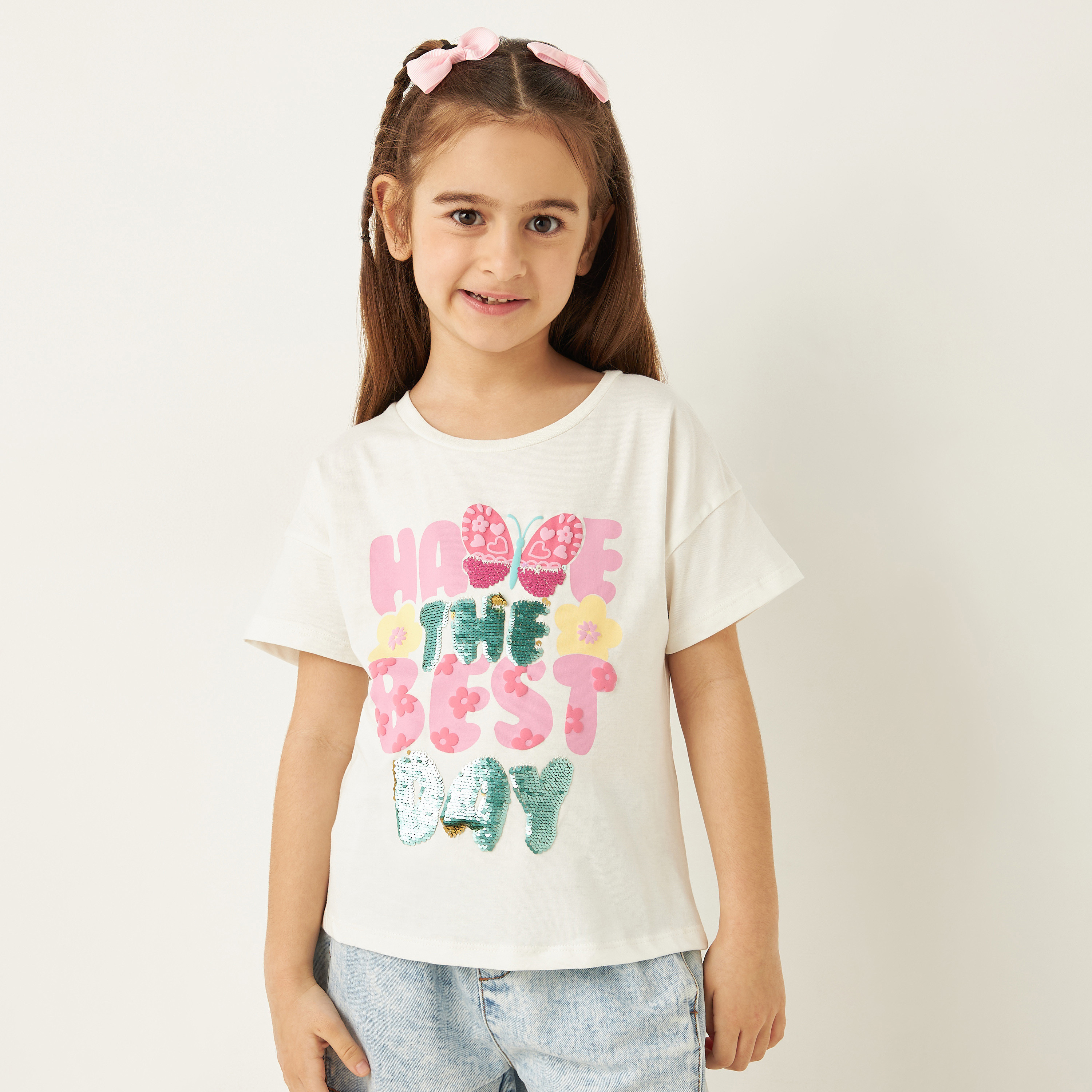 Juniors Slogan Print T-shirt with Short Sleeves-girls-clothing-tshirts-image-1