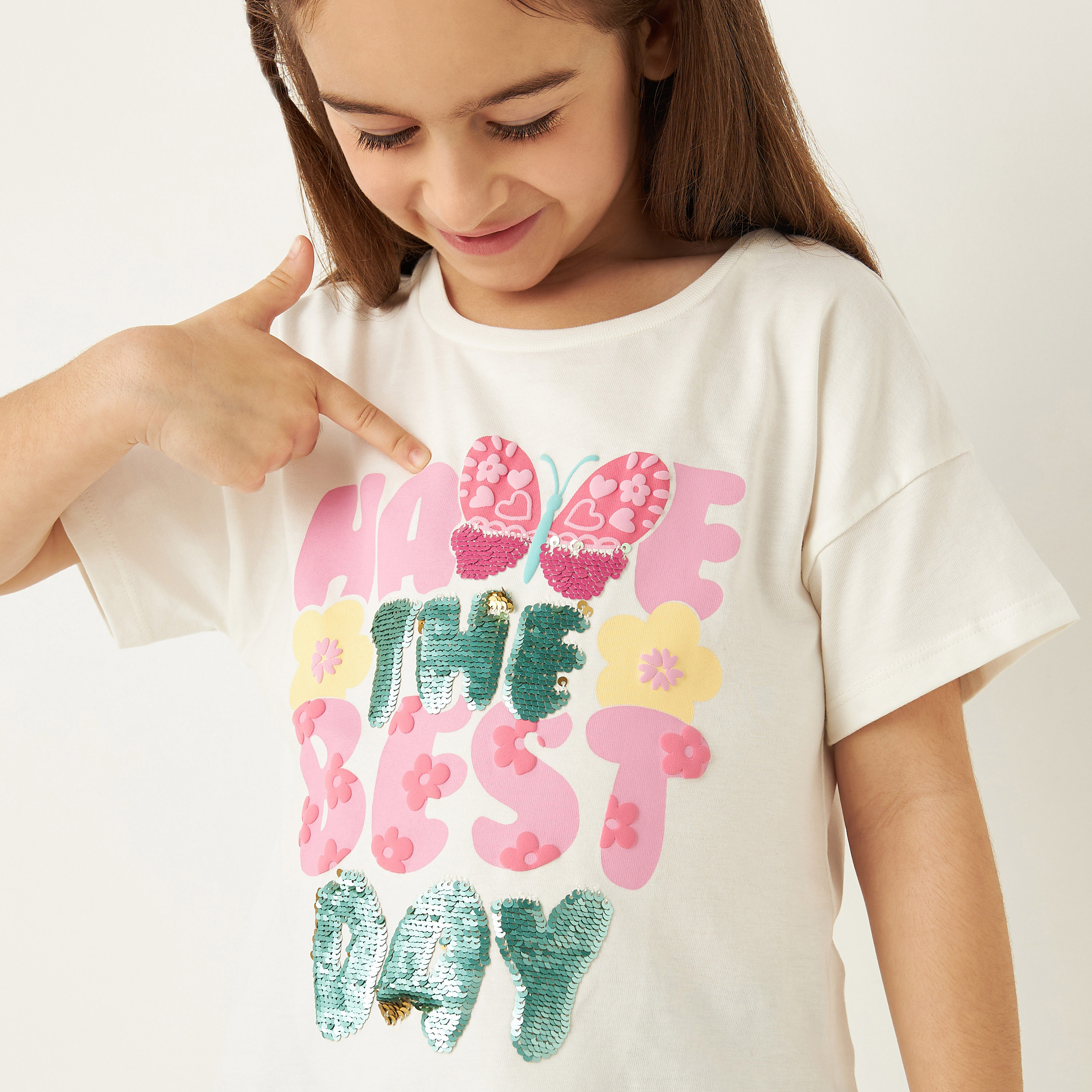 Juniors Slogan Print T-shirt with Short Sleeves-girls-clothing-tshirts-image-4