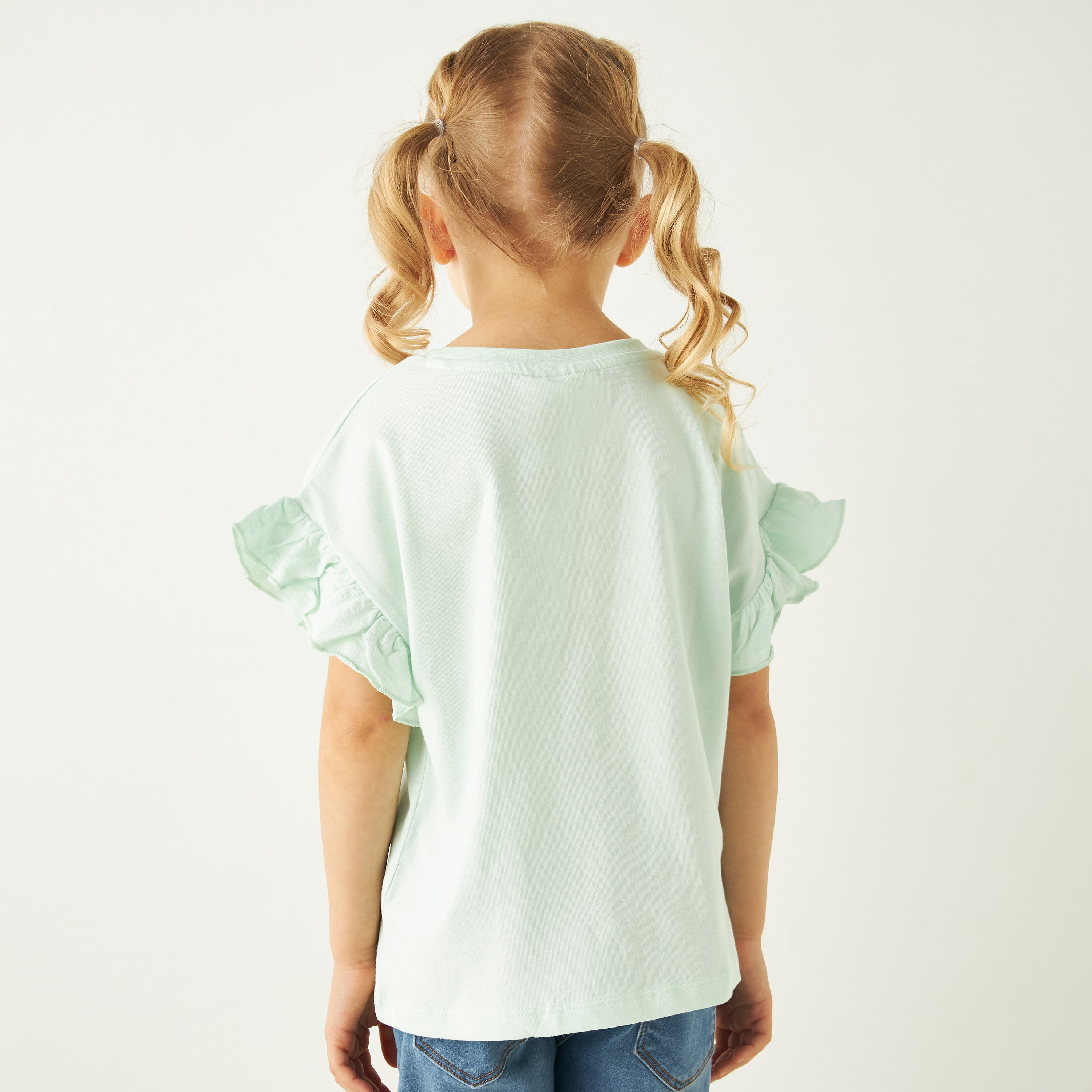 تيشيرت سادة بياقة مستديرة وأكمام قصيرة كشكش من جونيورز-girls-clothing-tshirts-image-3