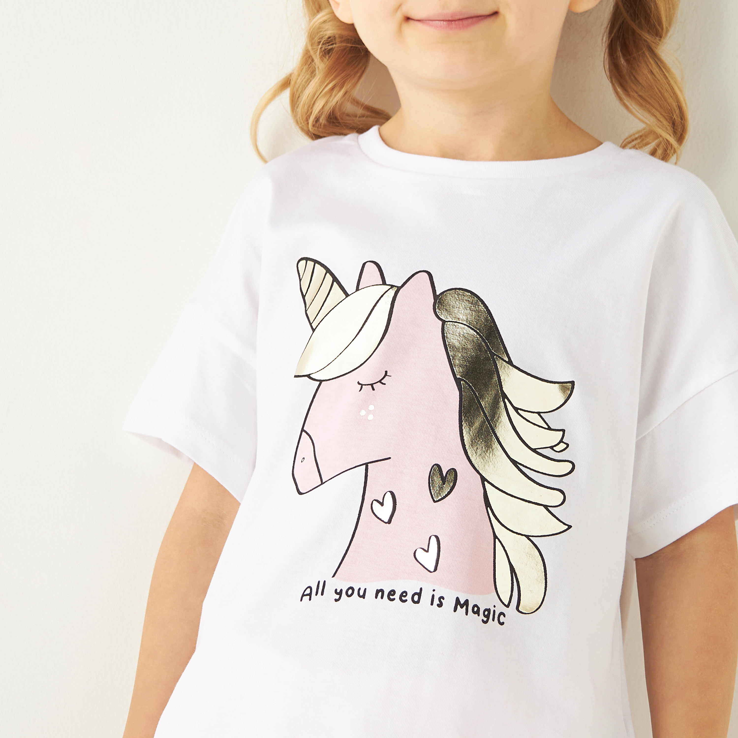Juniors Unicorn Print T-shirt with Short Sleeves-girls-clothing-tshirts-image-4
