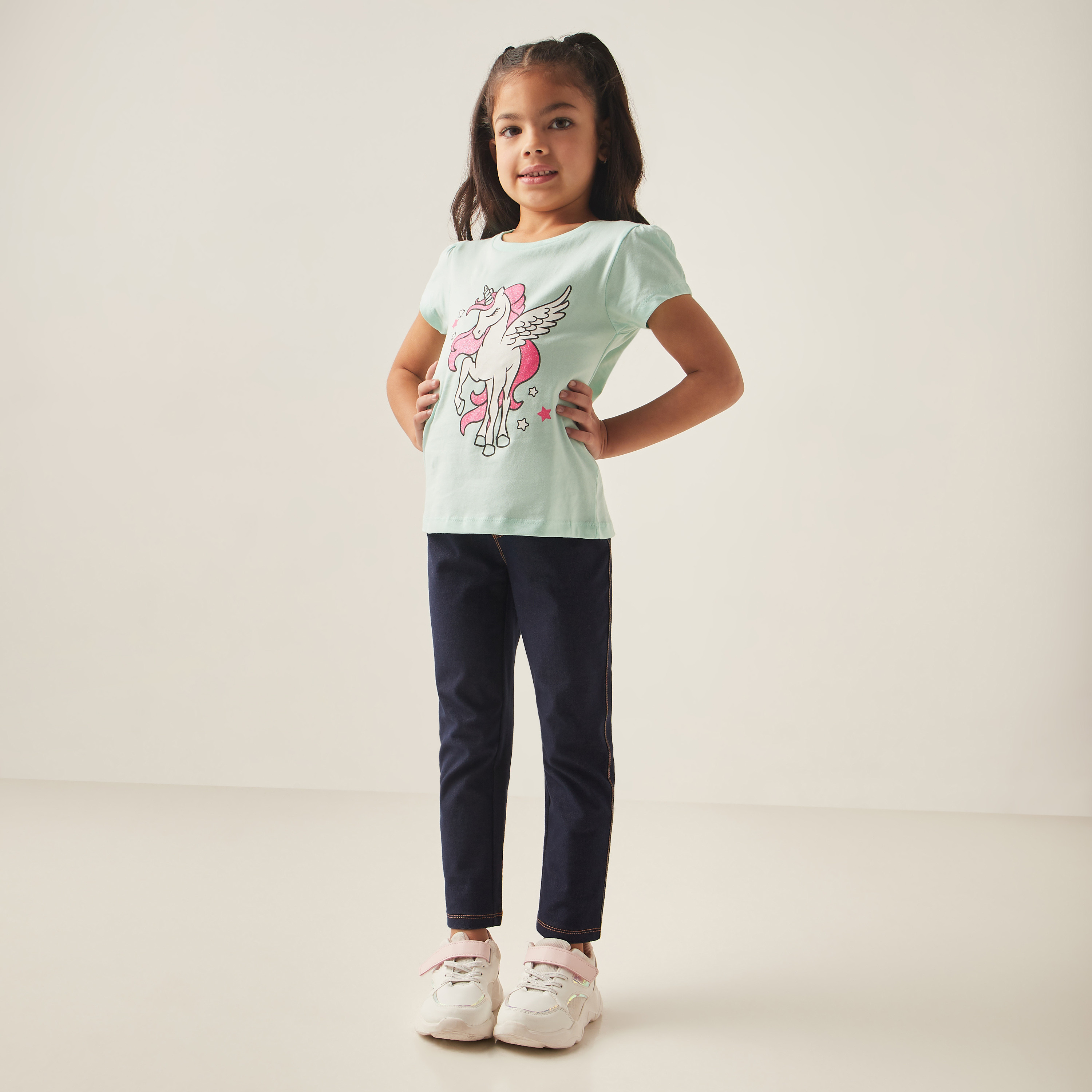 Juniors Unicorn Print Cotton T-shirt with Short Sleeves-girls-clothing-tshirts-image-2