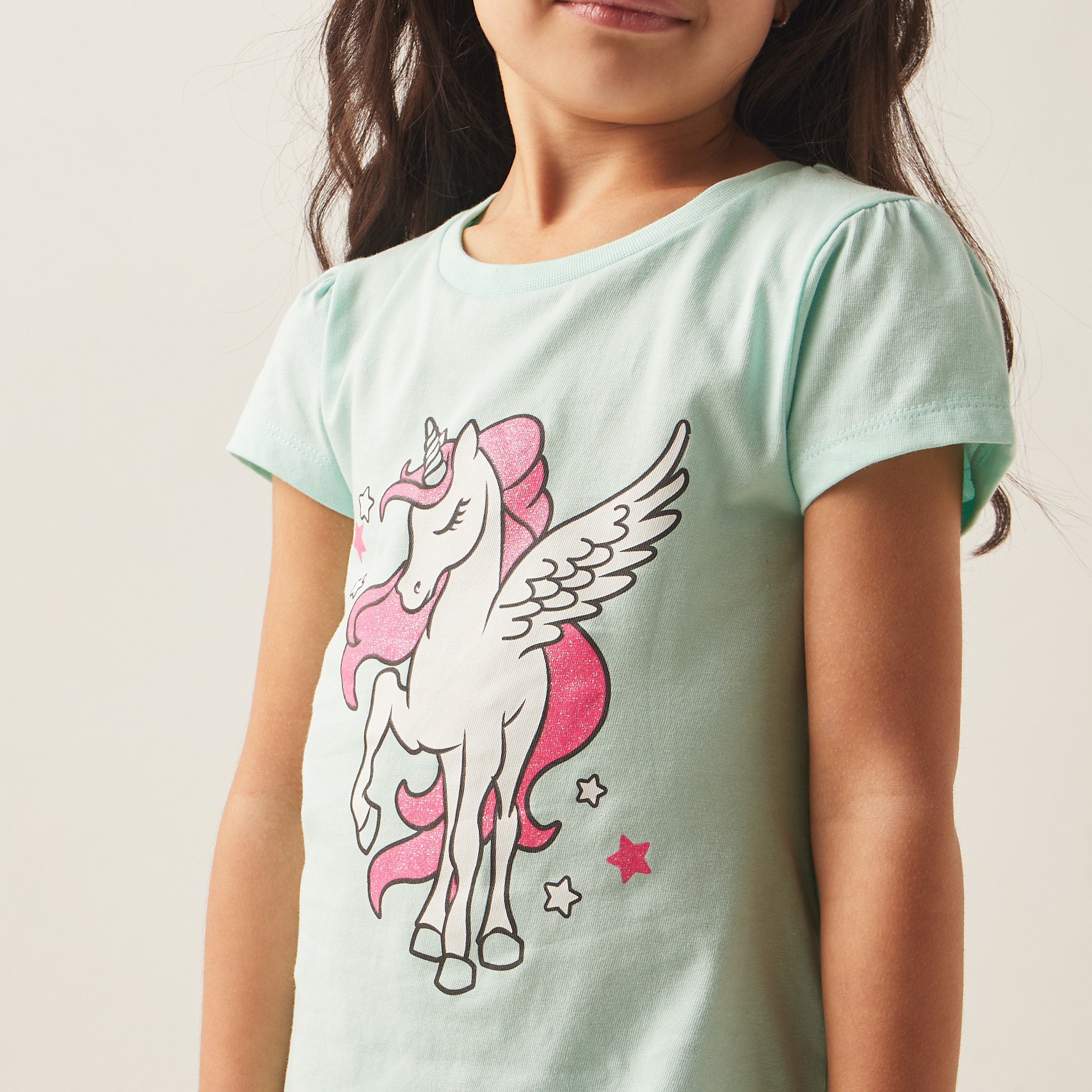Juniors Unicorn Print Cotton T-shirt with Short Sleeves-girls-clothing-tshirts-image-3